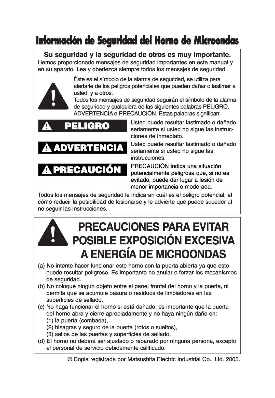 Panasonic NN-T685, NN-T675 operating instructions Peligro Advertencia, Información de Seguridad del Horno de Microondas 