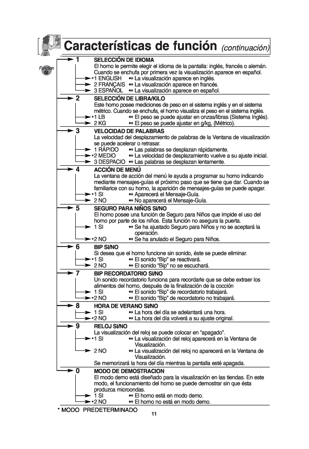 Panasonic NN-T675 Características de función continuación, Selección De Idioma, Selección De Libra/Kilo, Acción De Menú 
