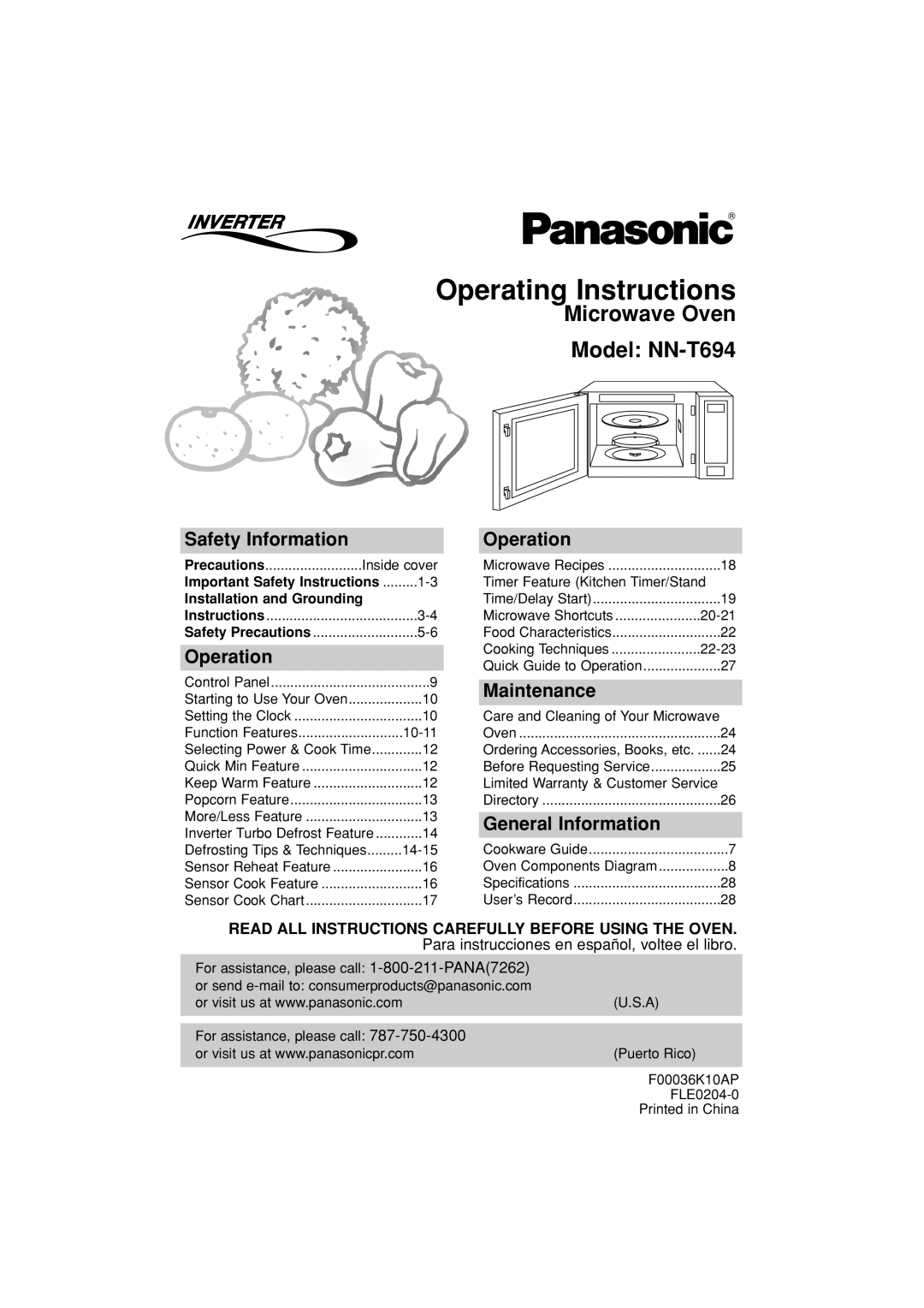 Panasonic NN-T694 operating instructions Operating Instructions, Safety Information, Operation, Maintenance 