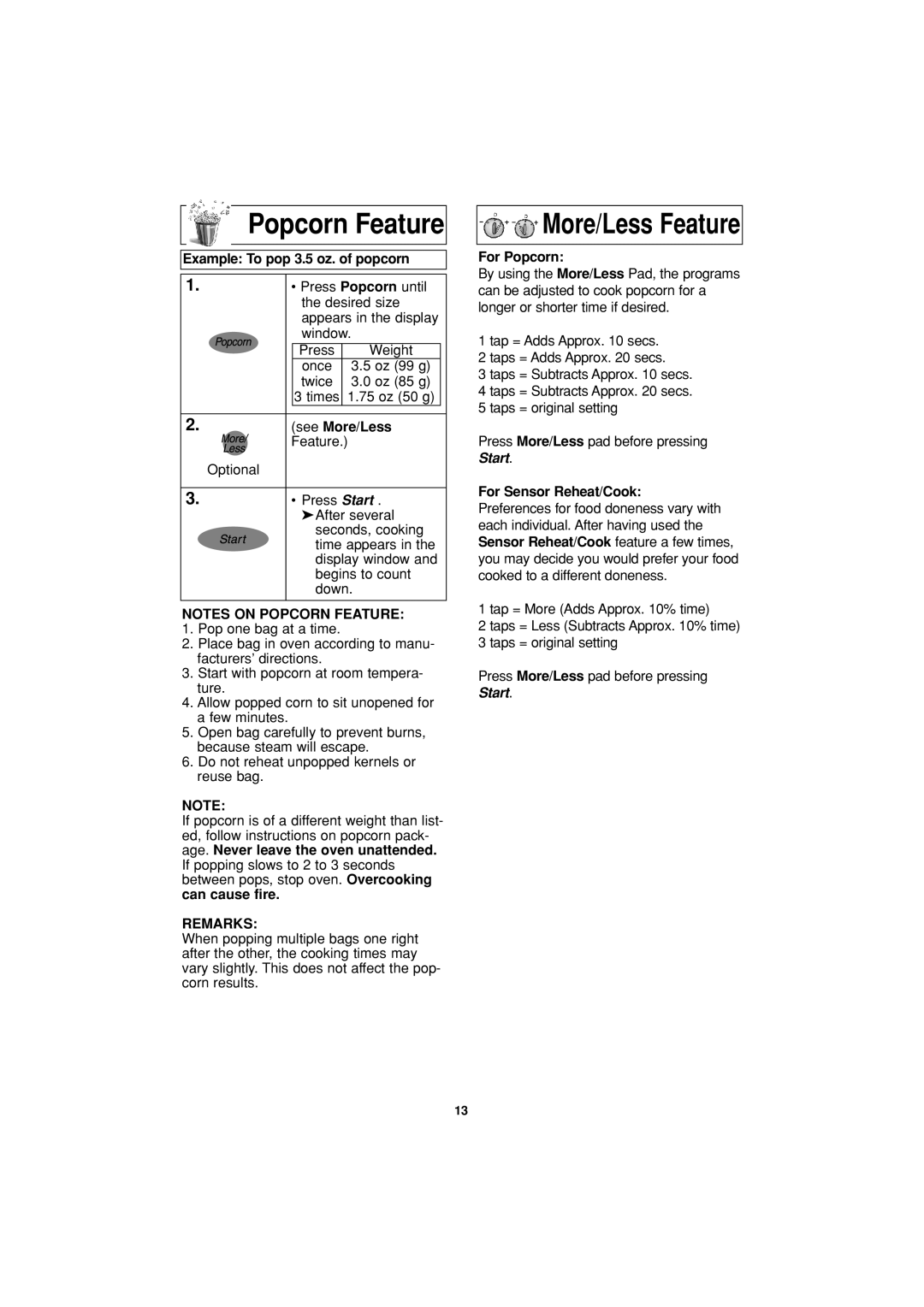 Panasonic NN-T694 operating instructions Popcorn Feature, More/Less Feature, Remarks 