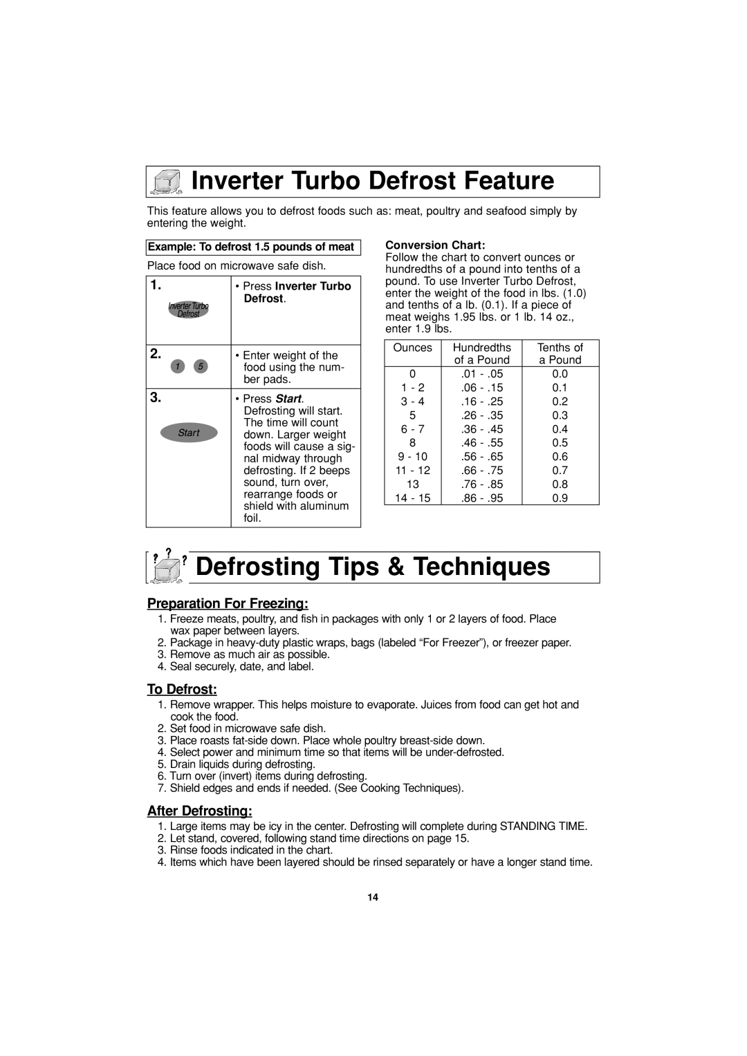 Panasonic NN-T694 Inverter Turbo Defrost Feature, Defrosting Tips & Techniques, Example To defrost 1.5 pounds of meat 