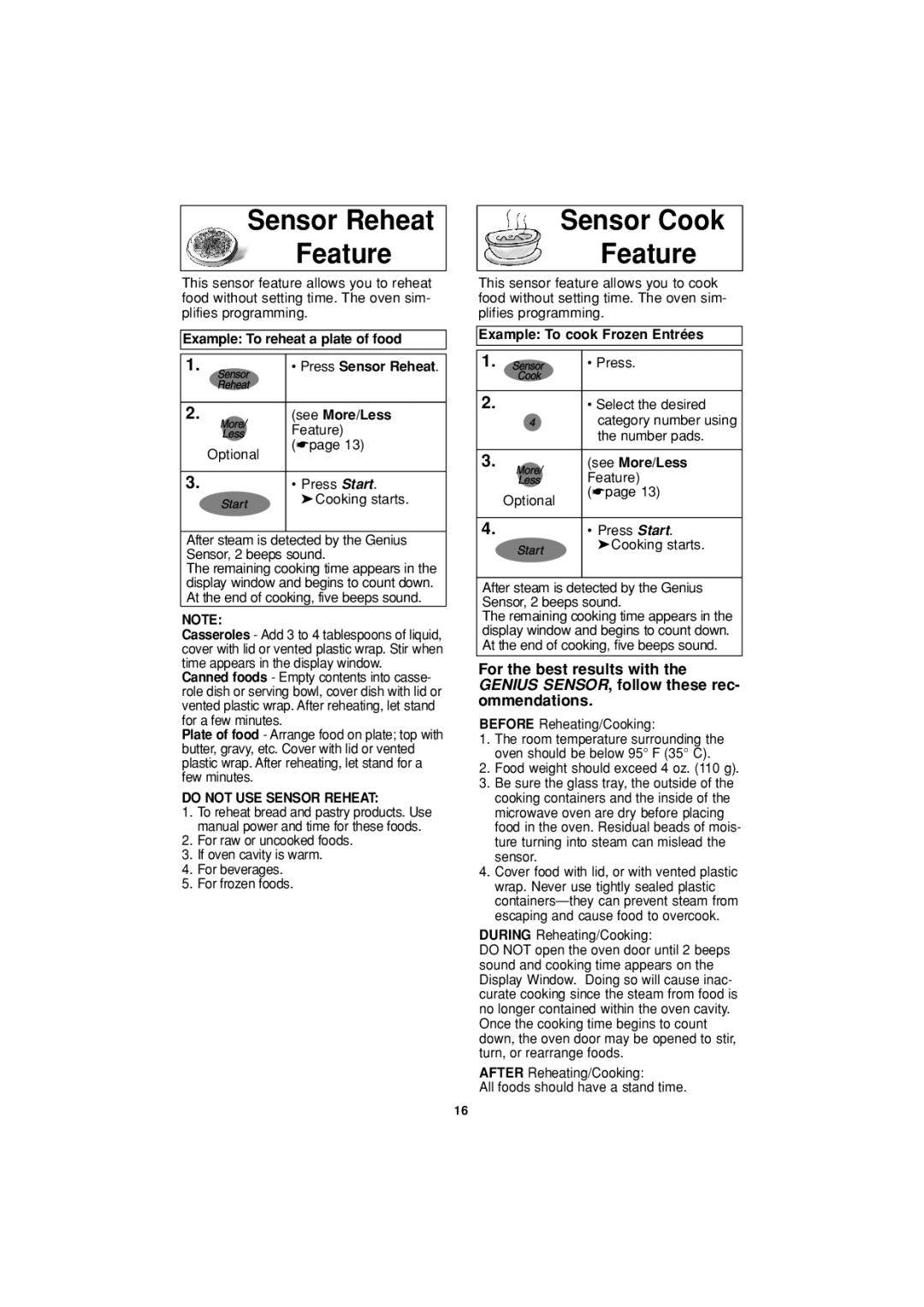 Panasonic NN-T694 Sensor Reheat Feature, Sensor Cook Feature, Example To cook Frozen Entrées, Do not USE Sensor Reheat 