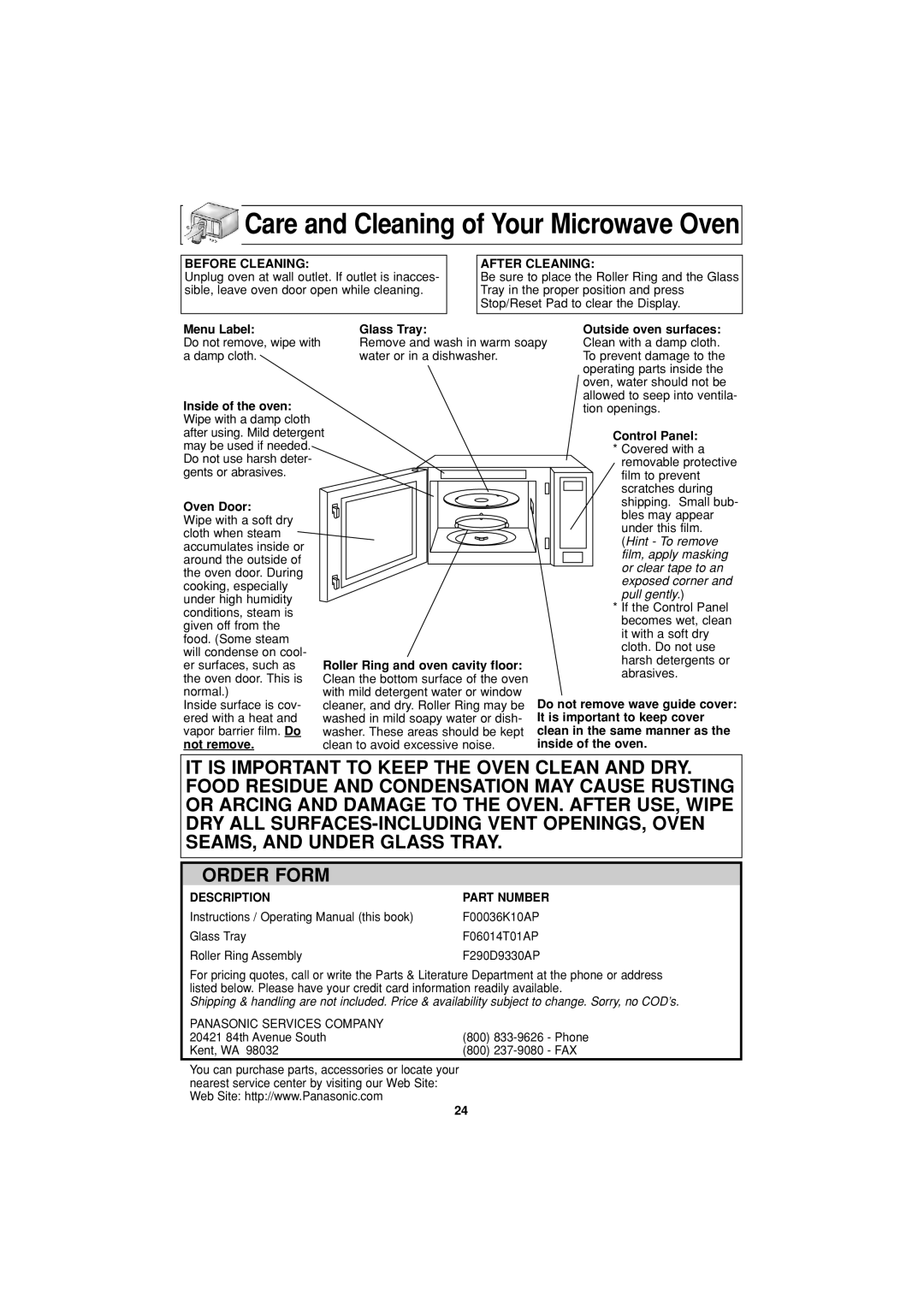 Panasonic NN-T694 operating instructions Care and Cleaning of Your Microwave Oven 