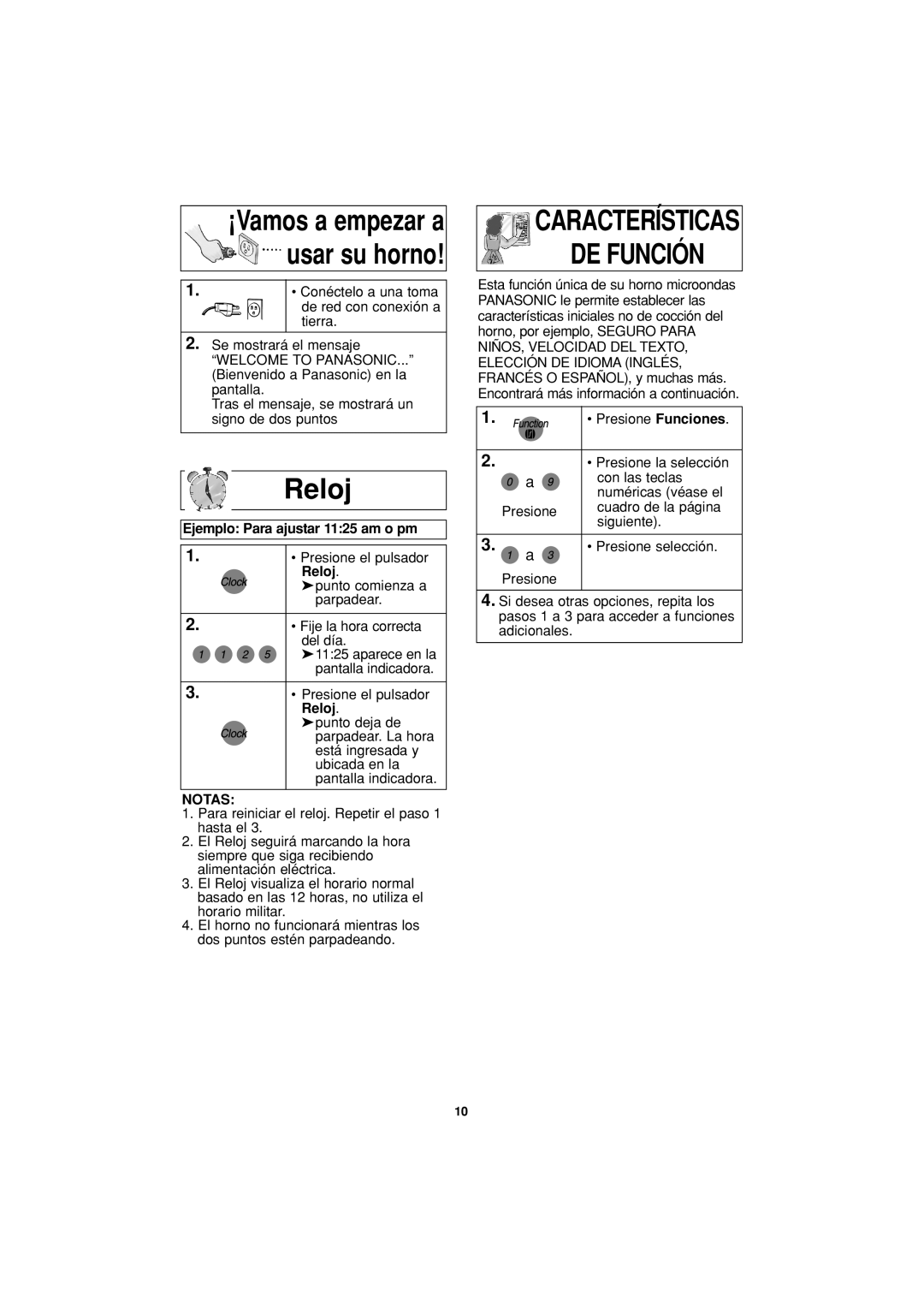 Panasonic NN-T694 operating instructions Reloj, Ejemplo Para ajustar 1125 am o pm, Notas 