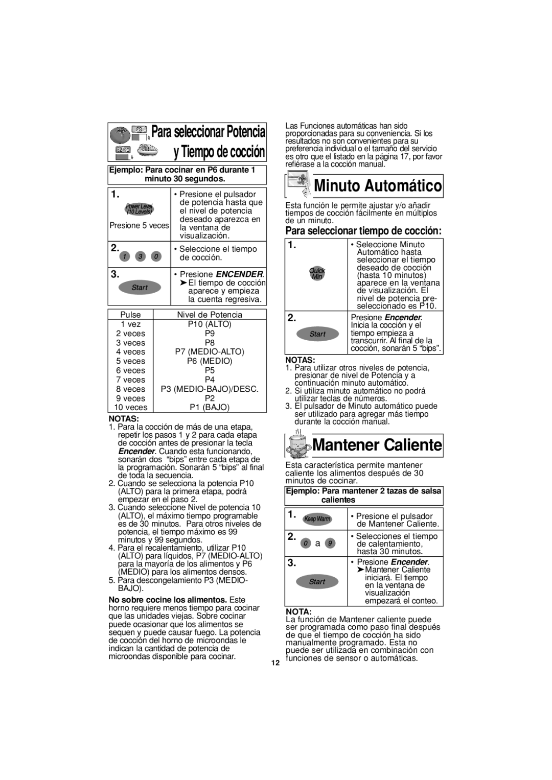 Panasonic NN-T694 operating instructions Mantener Caliente, Minuto Automático, Para seleccionar tiempo de cocción, Nota 