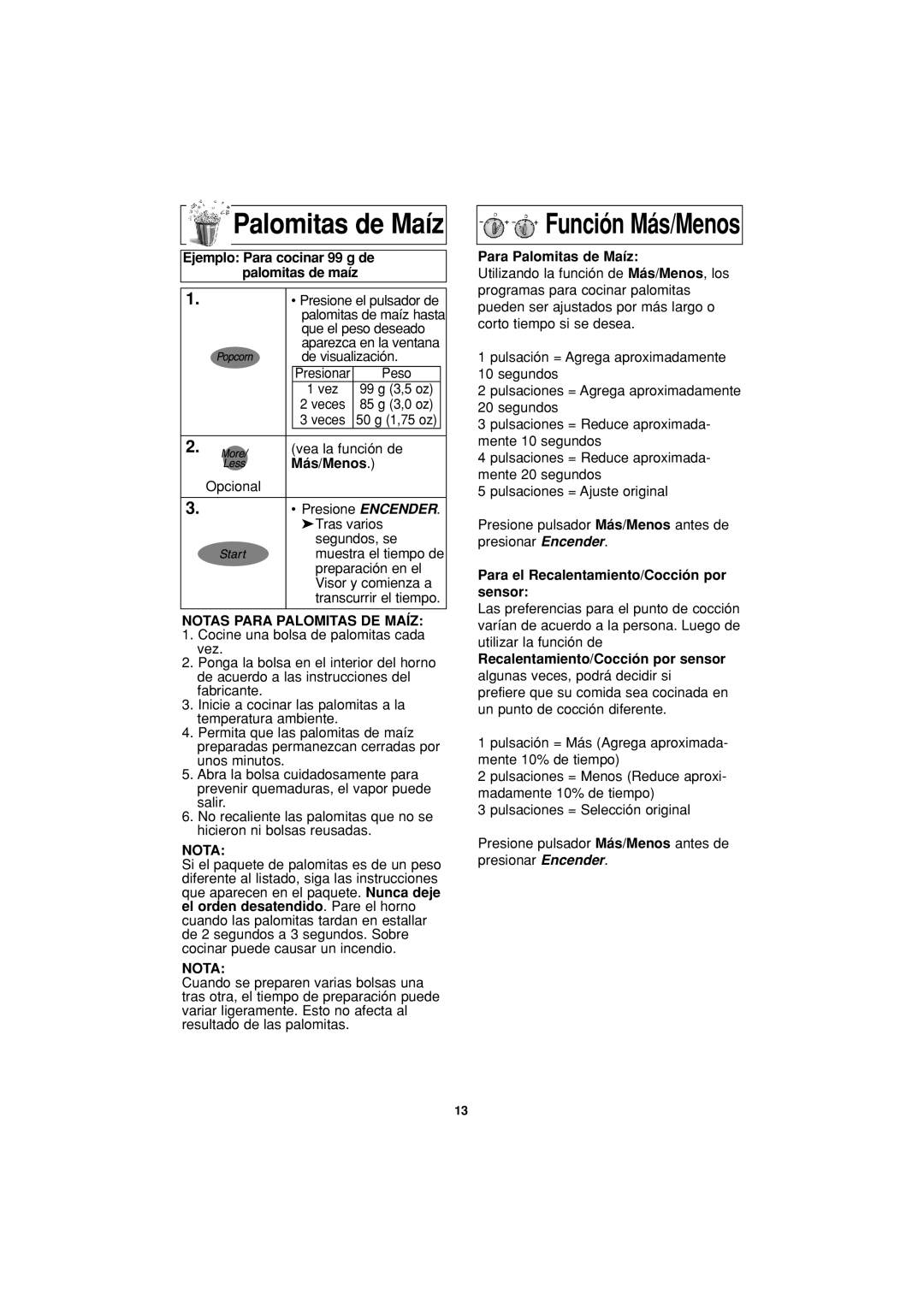 Panasonic NN-T694 operating instructions Palomitas de Maíz, Notas Para Palomitas DE Maíz 