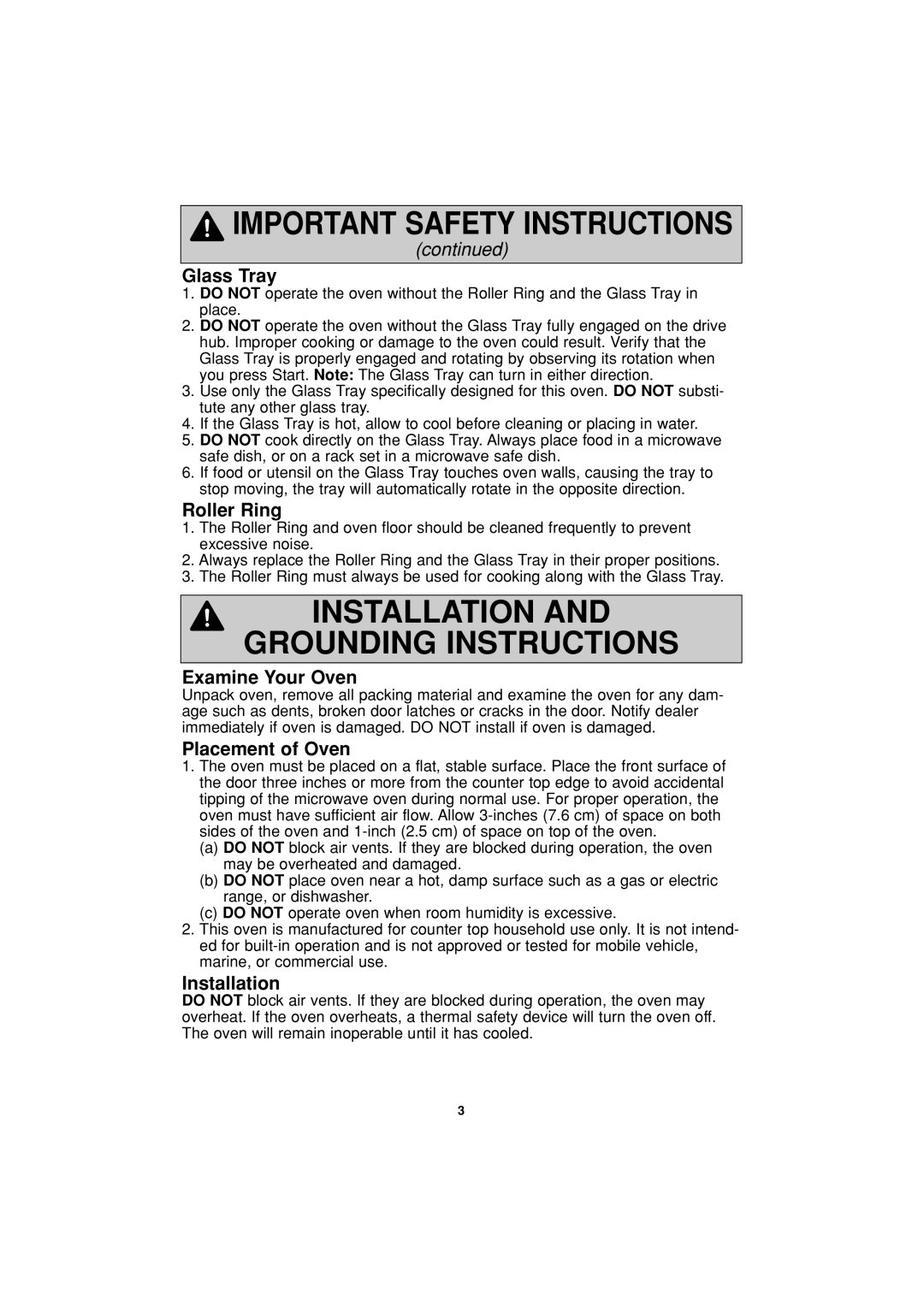 Panasonic NN-T694 operating instructions Glass Tray, Roller Ring, Examine Your Oven, Placement of Oven, Installation 