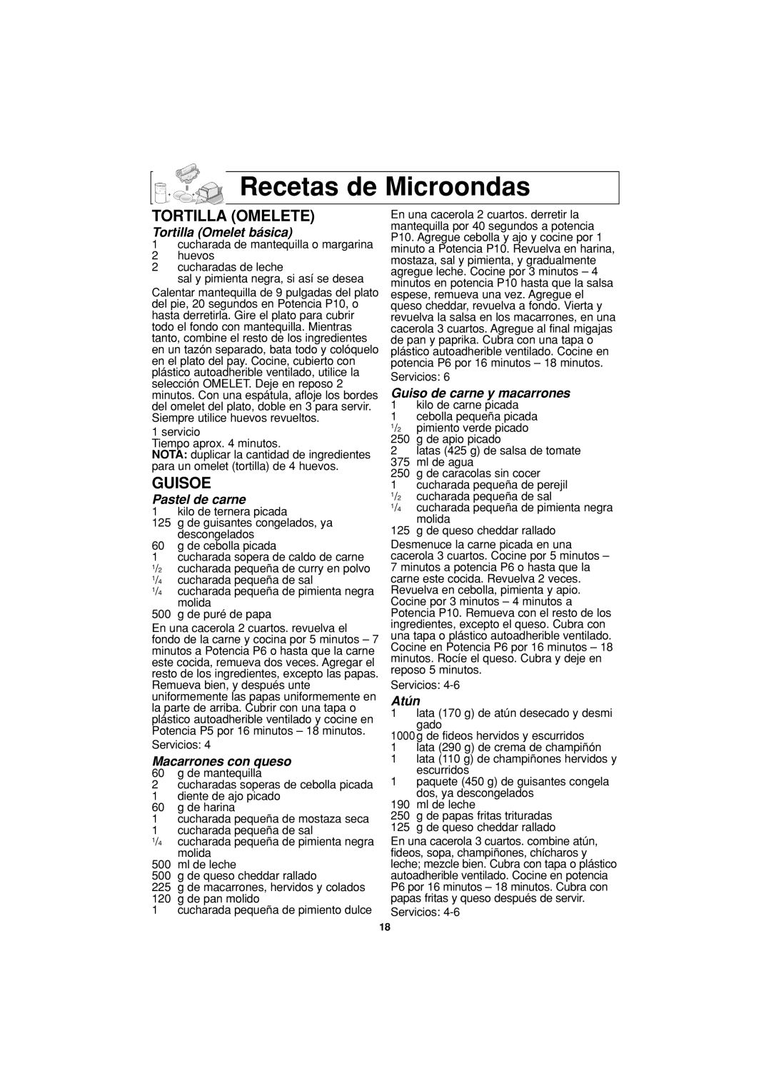 Panasonic NN-T694 operating instructions Recetas de Microondas, Tortilla Omelete, Guisoe 