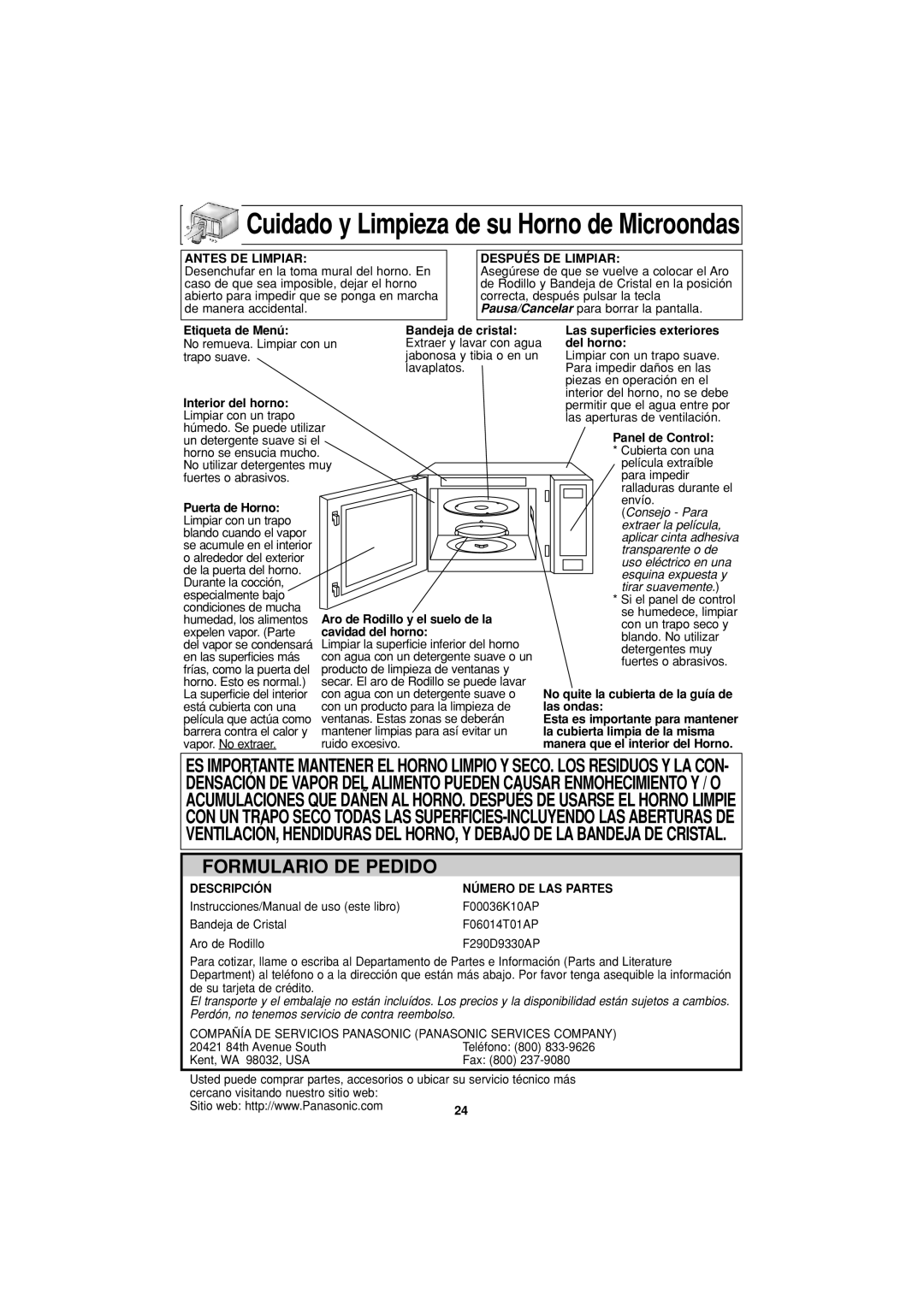 Panasonic NN-T694 operating instructions Formulario DE Pedido 