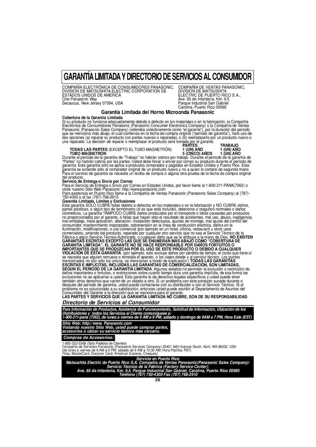 Panasonic NN-T694 operating instructions Garantía Limitada del Horno Microonda Panasonic, Cobertura de la Garantía Limitada 