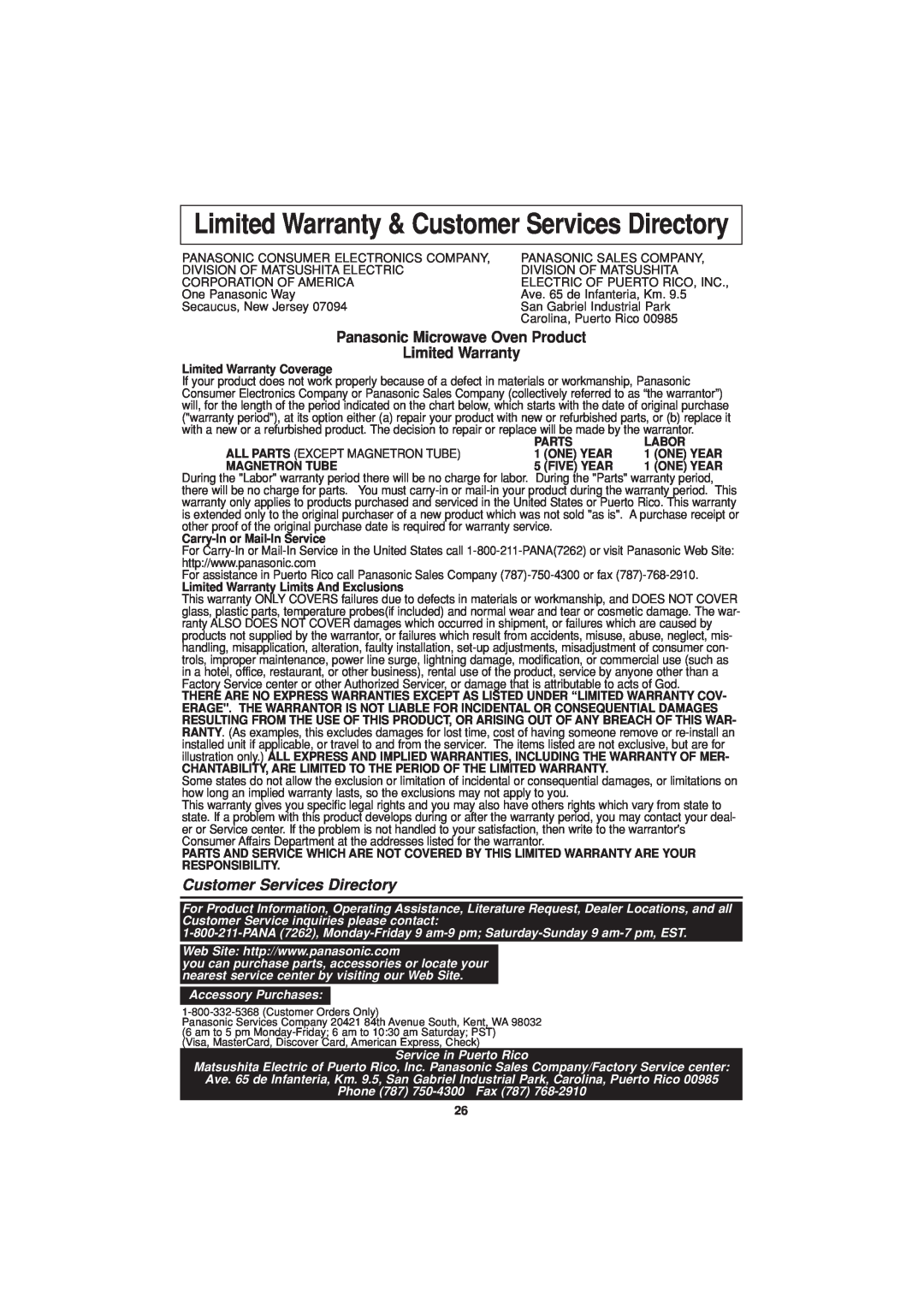 Panasonic NN-T694 Limited Warranty & Customer Services Directory, Accessory Purchases, Service in Puerto Rico 