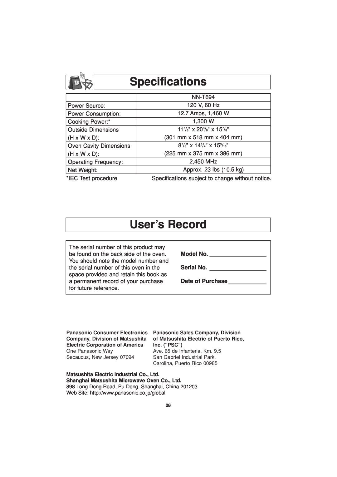 Panasonic NN-T694 operating instructions Specifications, User’s Record, Model No, Serial No, Date of Purchase 