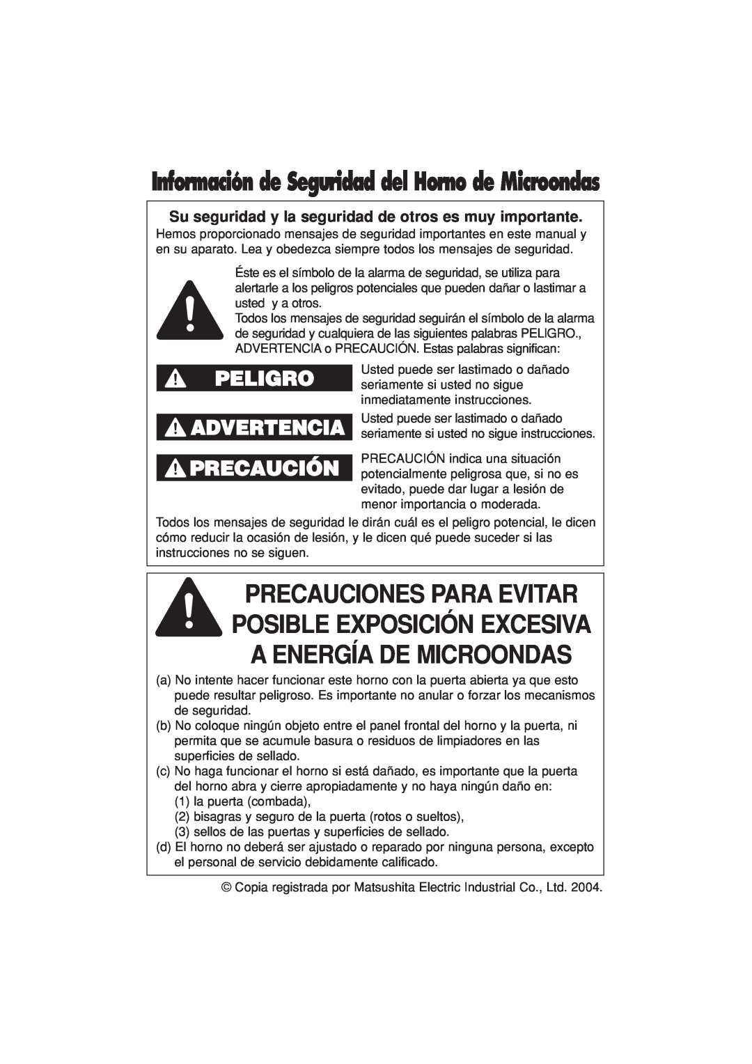 Panasonic NN-T694 operating instructions Peligro, Advertencia Precaución, Información de Seguridad del Horno de Microondas 