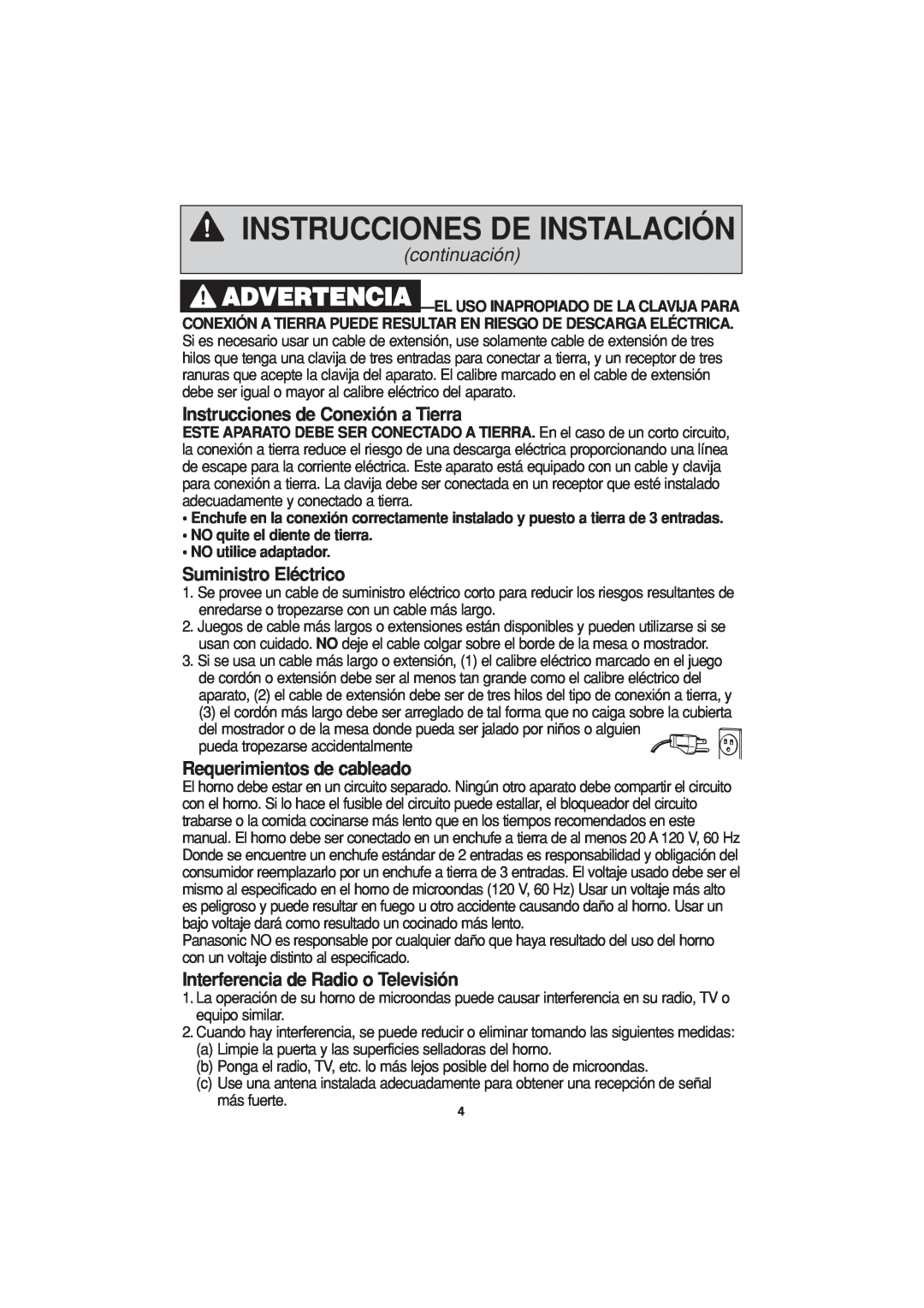Panasonic NN-T694 Instrucciones de Conexión a Tierra, Suministro Eléctrico, Requerimientos de cableado, continuación 