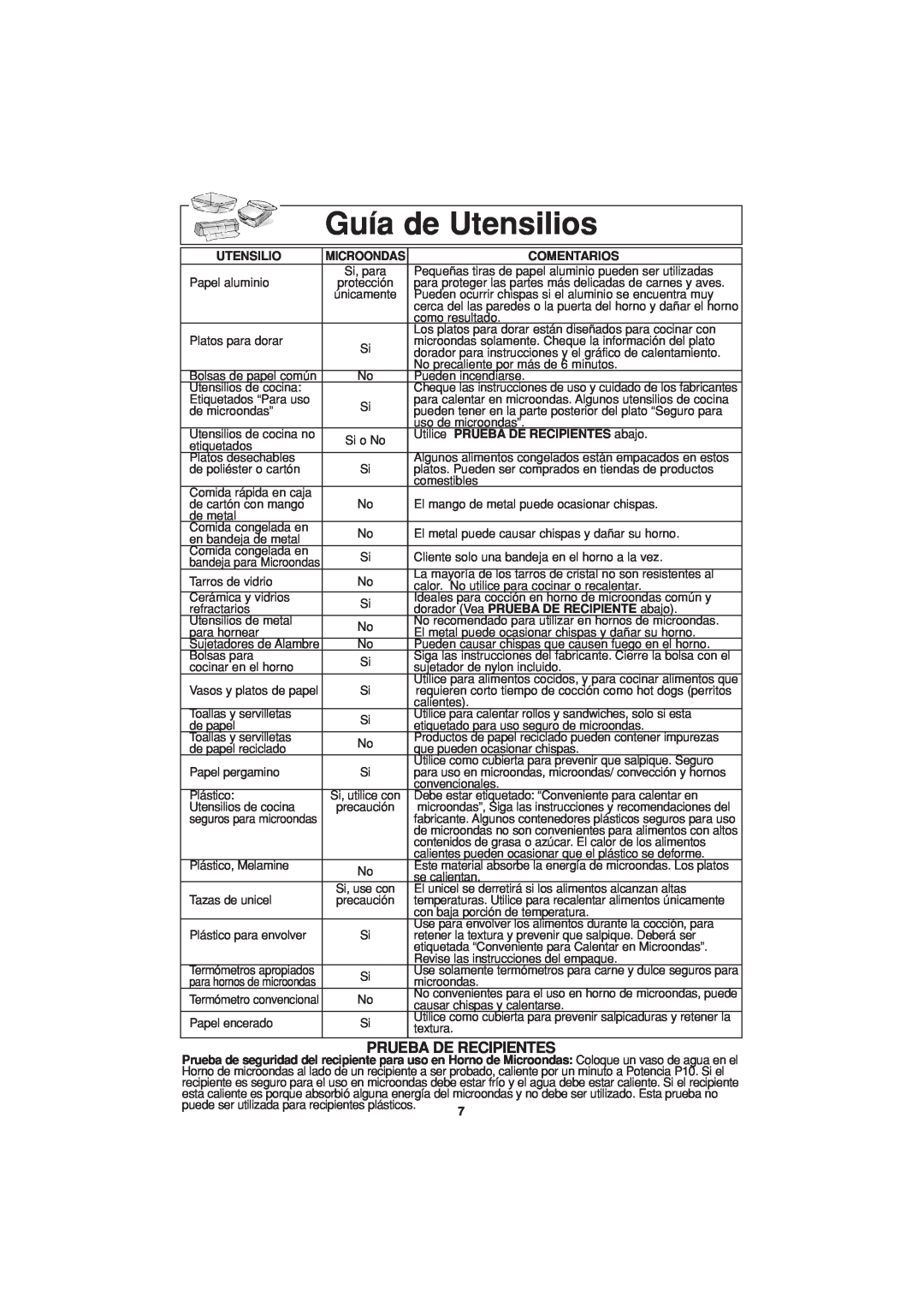 Panasonic NN-T694 operating instructions Guía de Utensilios, Prueba De Recipientes 