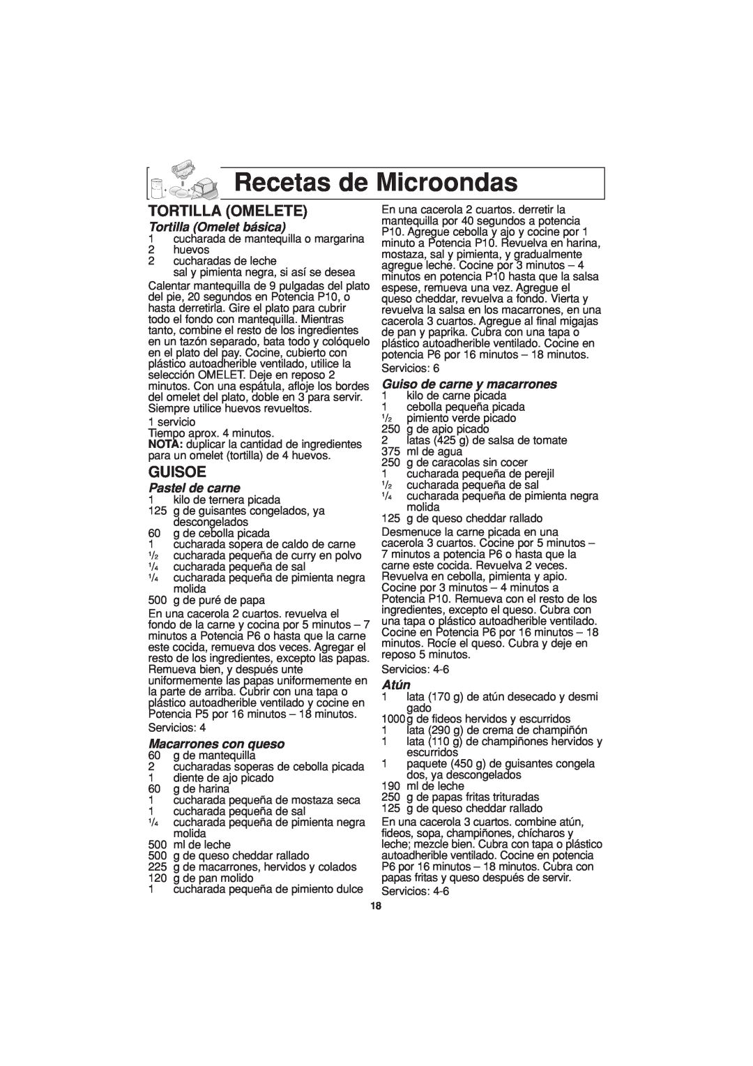 Panasonic NN-T694 Recetas de Microondas, Tortilla Omelete, Guisoe, Tortilla Omelet básica, Pastel de carne, Atún 