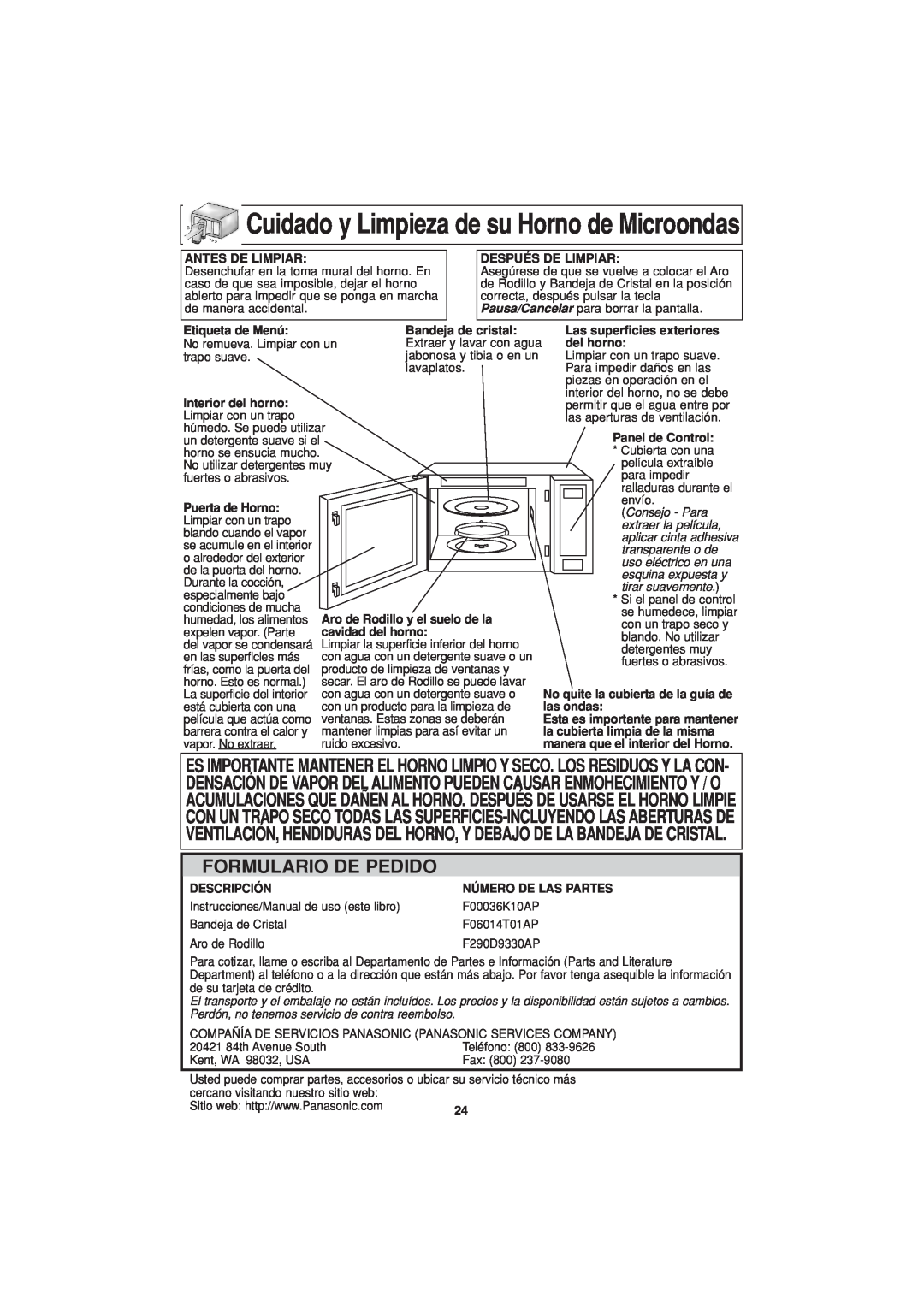 Panasonic NN-T694 operating instructions Cuidado y Limpieza de su Horno de Microondas, Formulario De Pedido 