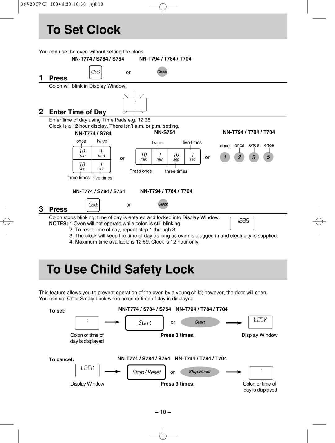 Panasonic NN-T704, NN-S784 manual To Set Clock, To Use Child Safety Lock, Enter Time of Day 