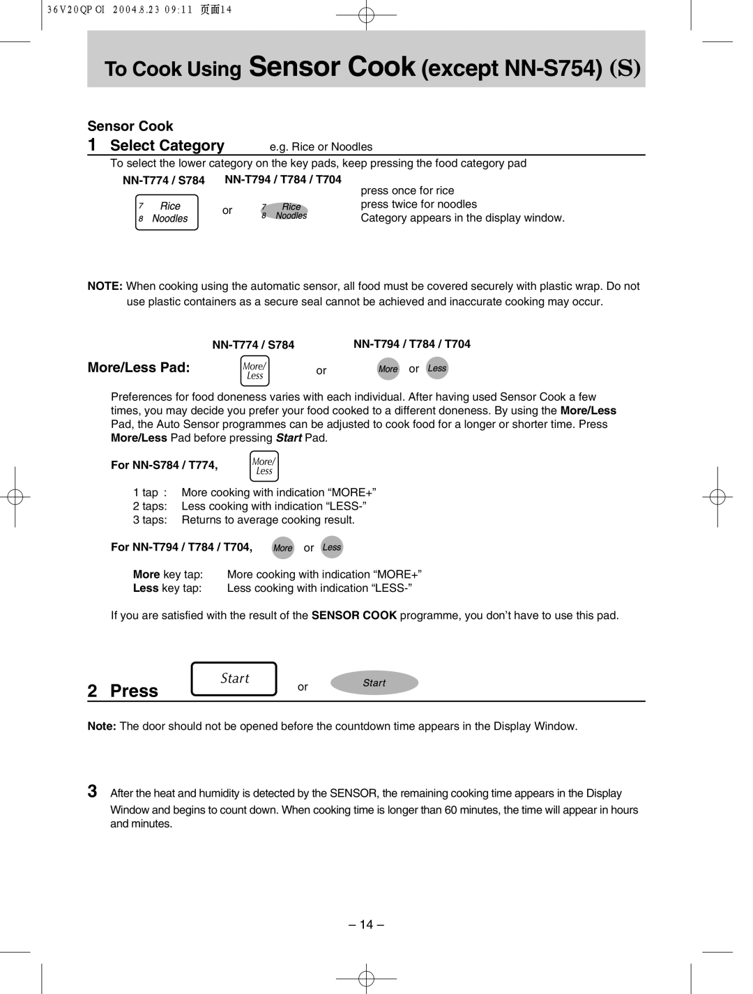 Panasonic NN-T704, NN-S784 manual To CookhUsing Sensor Cook except NN-S754 S, More/Less Pad 