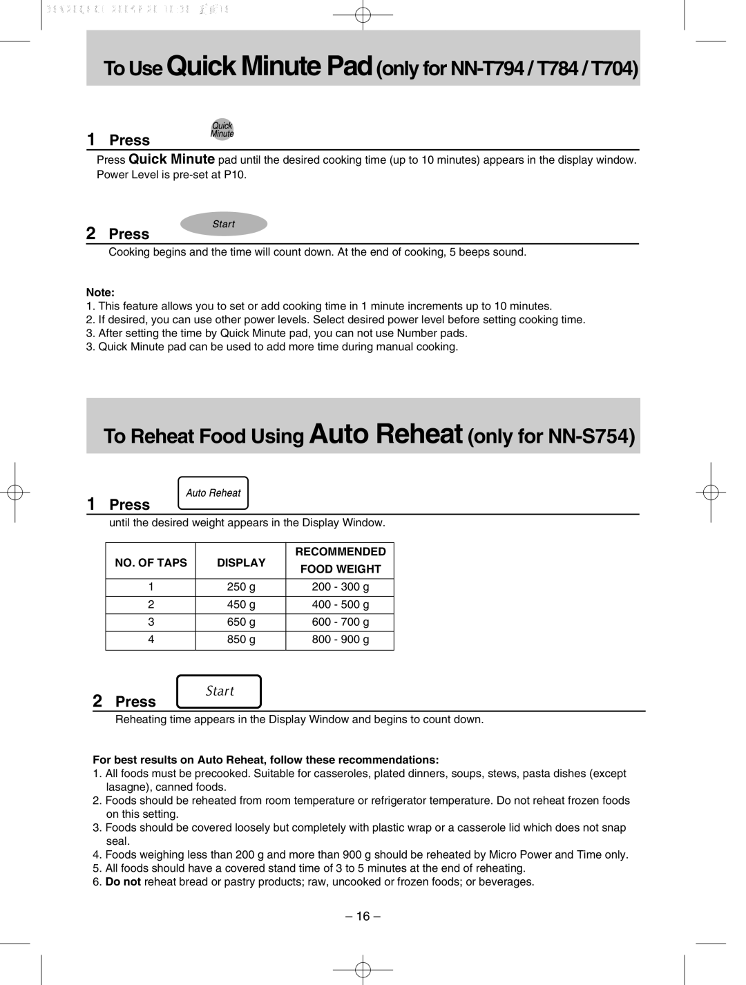 Panasonic NN-T704 Until the desired weight appears in the Display Window, NO. of Taps Display Recommended Food Weight 