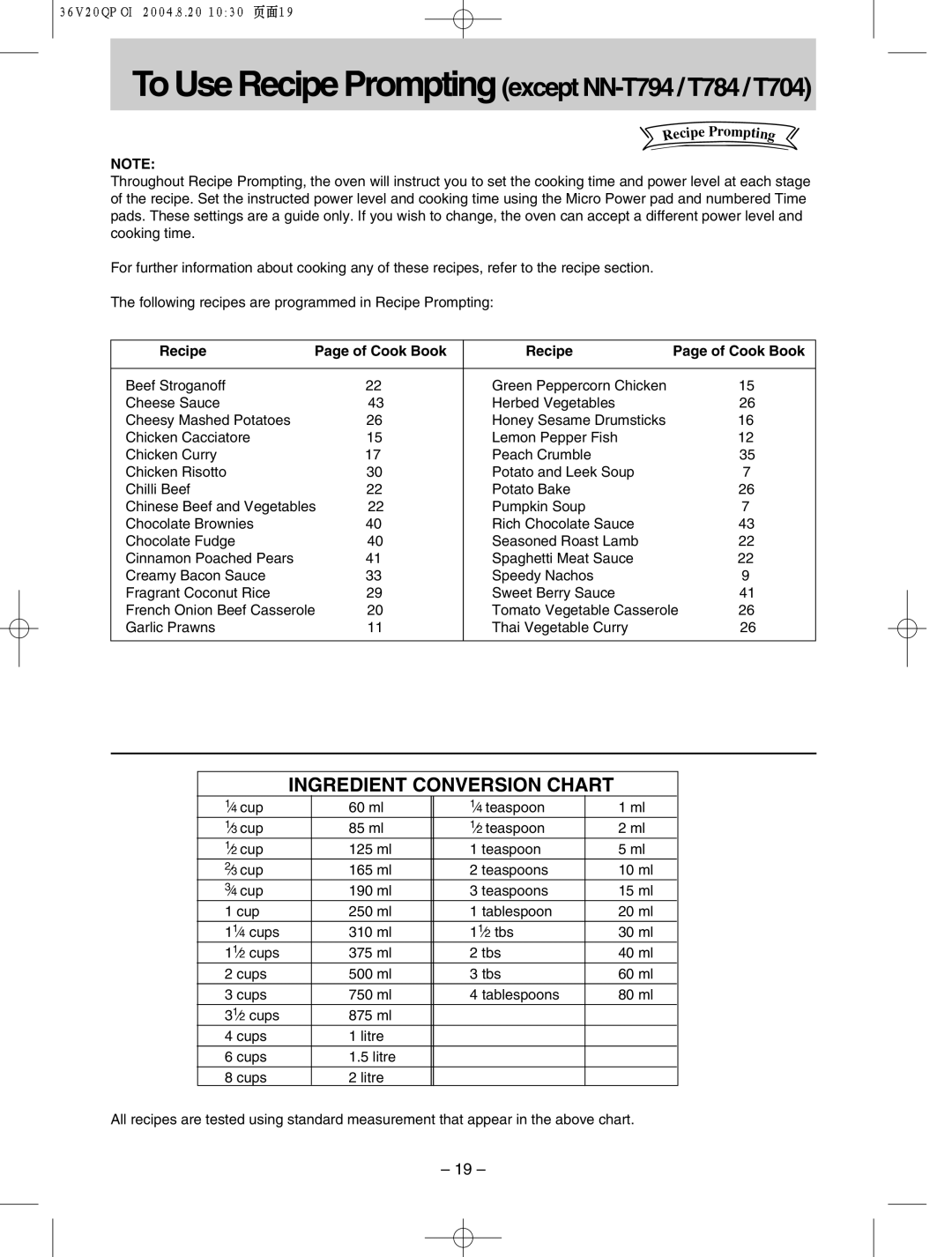 Panasonic NN-S784, NN-T704 manual To Use Recipeh Prompting except NN-T794 / T784 / T704, Recipe Cook Book 