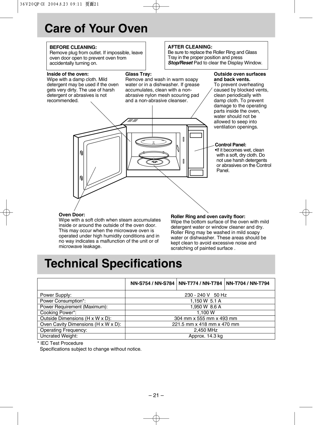 Panasonic NN-S784, NN-T704 manual Care hof Your Oven, Technical Specifications, Before Cleaning, After Cleaning 