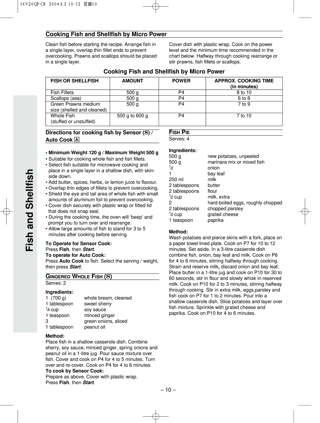 Panasonic NN-S784 Cooking Fish and Shellfish by Micro Power, Directions for cooking fish by Sensor S / Auto Cook Å 