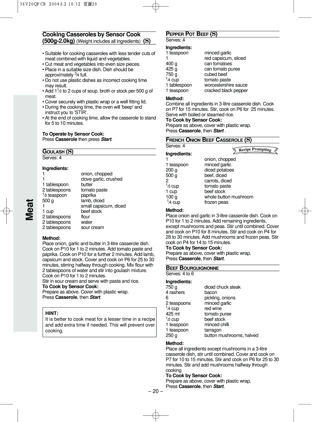 Panasonic NN-S784, NN-T704 manual To Operate by Sensor Cook 