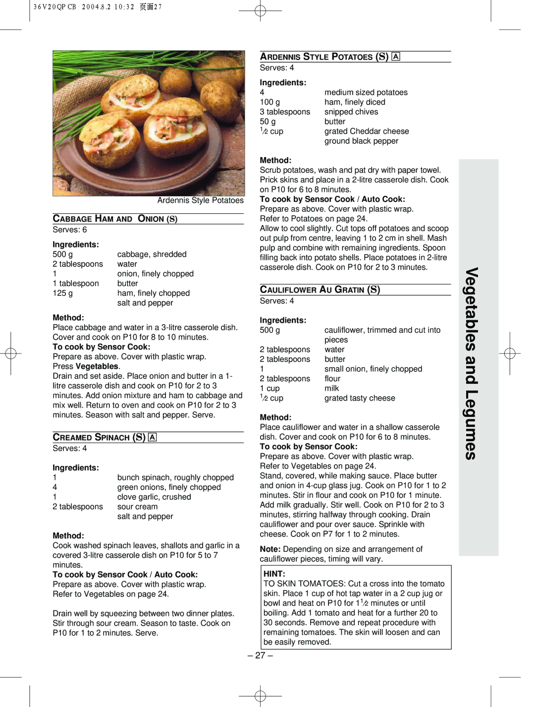 Panasonic NN-T704, NN-S784 Ardennis Style Potatoes, g Cabbage, shredded Tablespoons Water, Green onions, finely chopped 