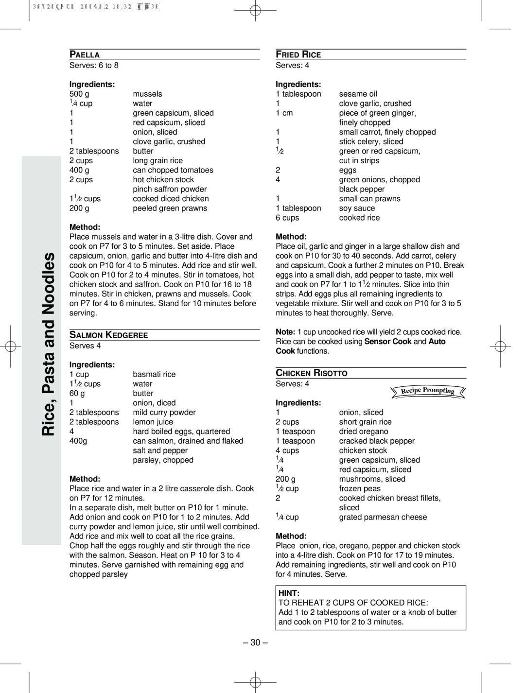 Panasonic NN-S784, NN-T704 manual To Reheat 2 Cups of Cooked Rice 