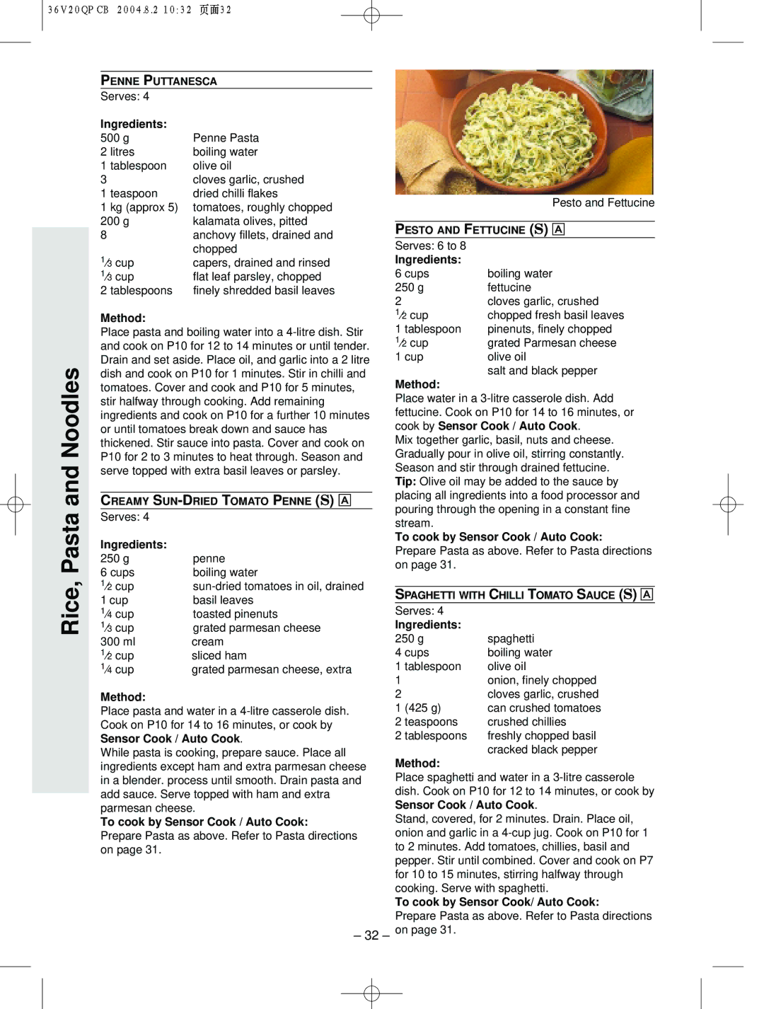 Panasonic NN-S784, NN-T704 manual g Penne Cups Boiling water ⁄2 cup, Prepare Pasta as above. Refer to Pasta directions on 