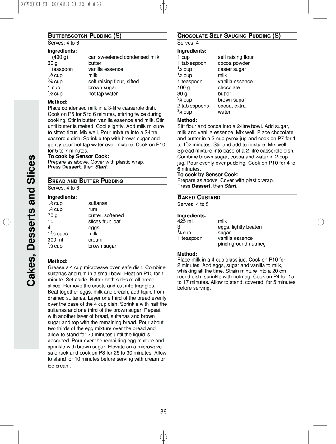 Panasonic NN-S784, NN-T704 ⁄3 cup Sultanas ⁄4 cup Rum 70 g, Slices fruit loaf, 11⁄3 cups Milk 300 ml Cream Brown sugar 