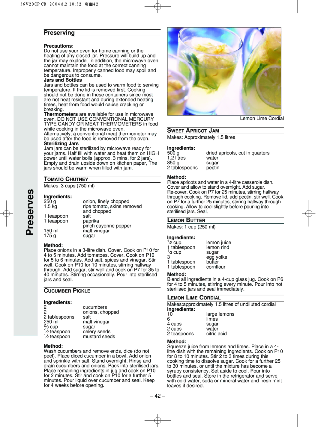 Panasonic NN-S784, NN-T704 manual Preserving, Precautions, Jars and Bottles, Sterilizing Jars 