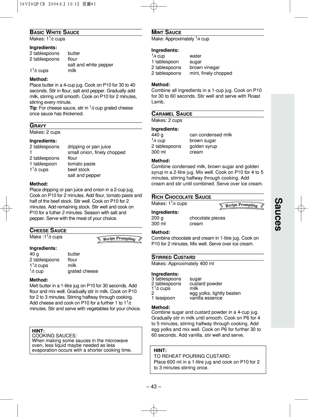 Panasonic NN-T704, NN-S784 manual Cooking Sauces, To Reheat Pouring Custard 