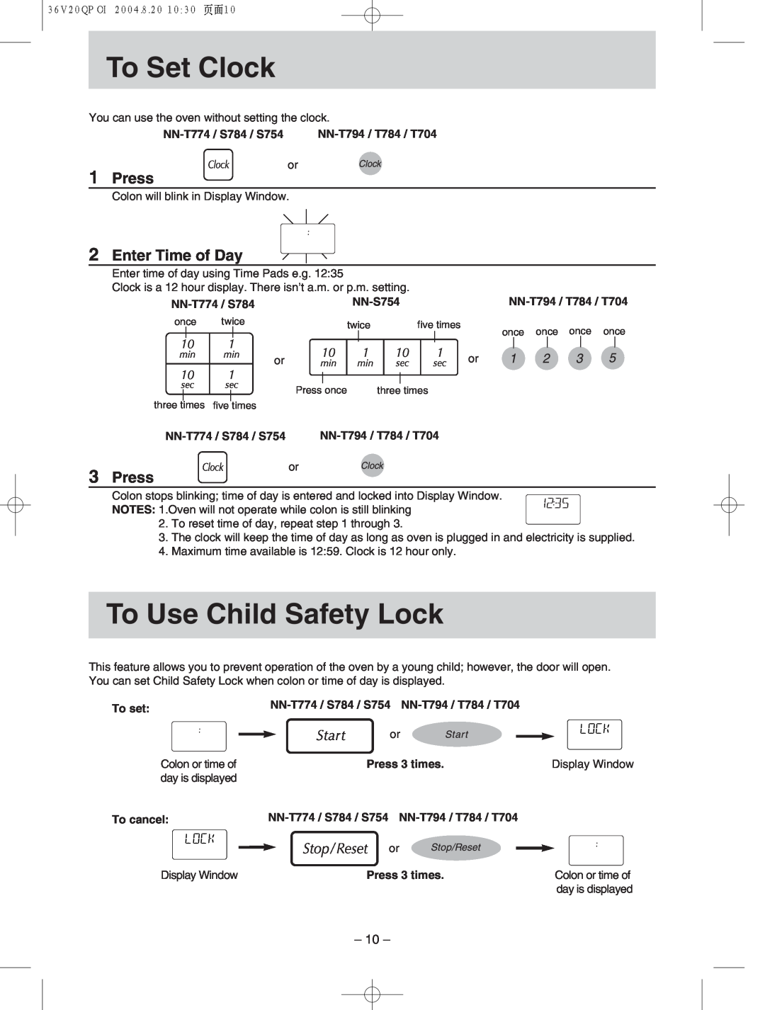 Panasonic NN-T704, NN-S784 manual h To Set Clock, To Use Child Safety Lock, Press, Enter Time of Day 