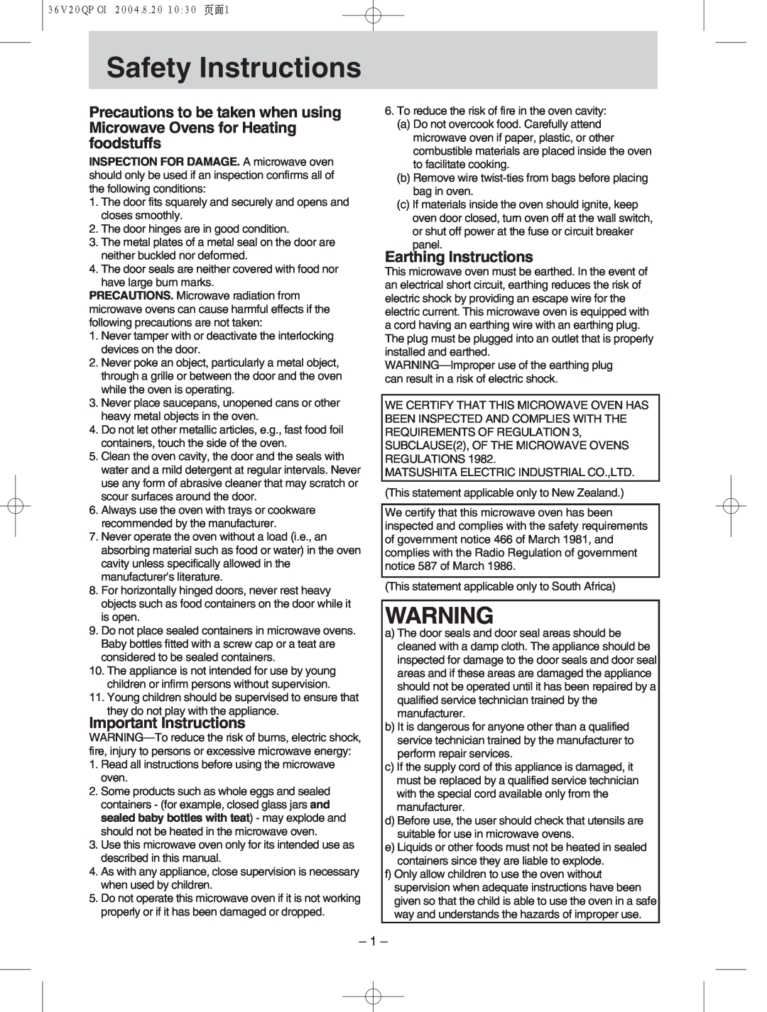 Panasonic NN-S784, NN-T704 manual h Safety Instructions, Important Instructions, Earthing Instructions 