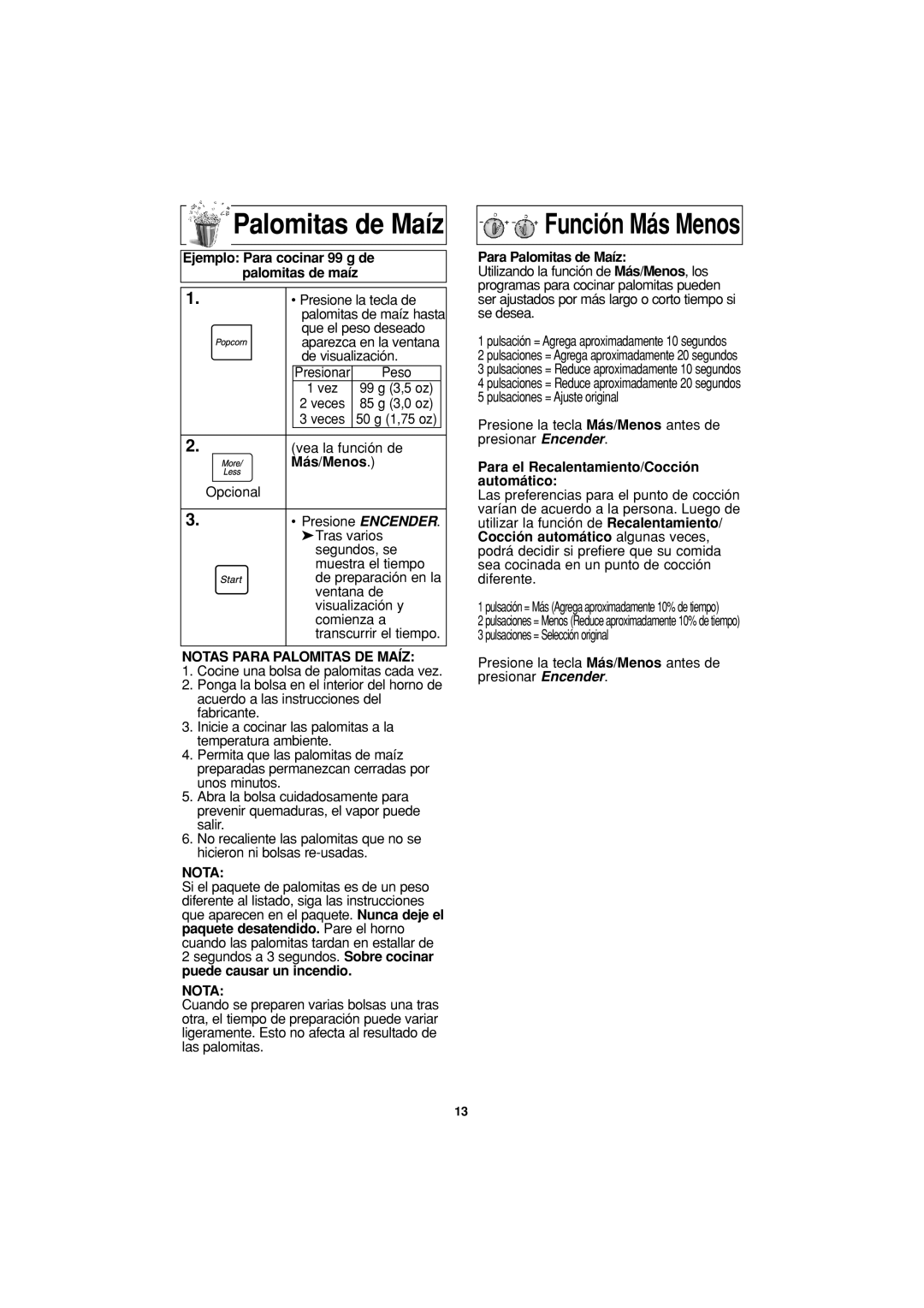 Panasonic NN-T754, NN-S955, NN-S954 operating instructions Palomitas de Maíz, Notas Para Palomitas DE Maíz 