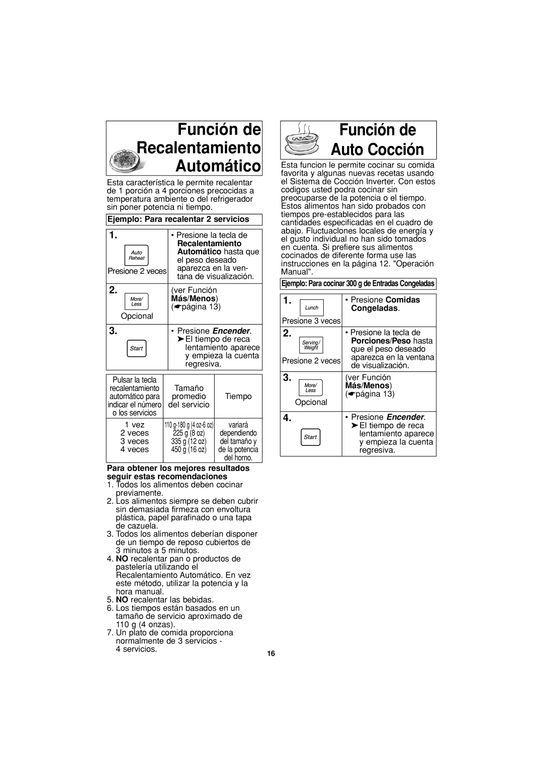 Panasonic NN-T754 Función de Recalentamiento Automático, Función de Auto Cocción, Ejemplo Para recalentar 2 servicios 