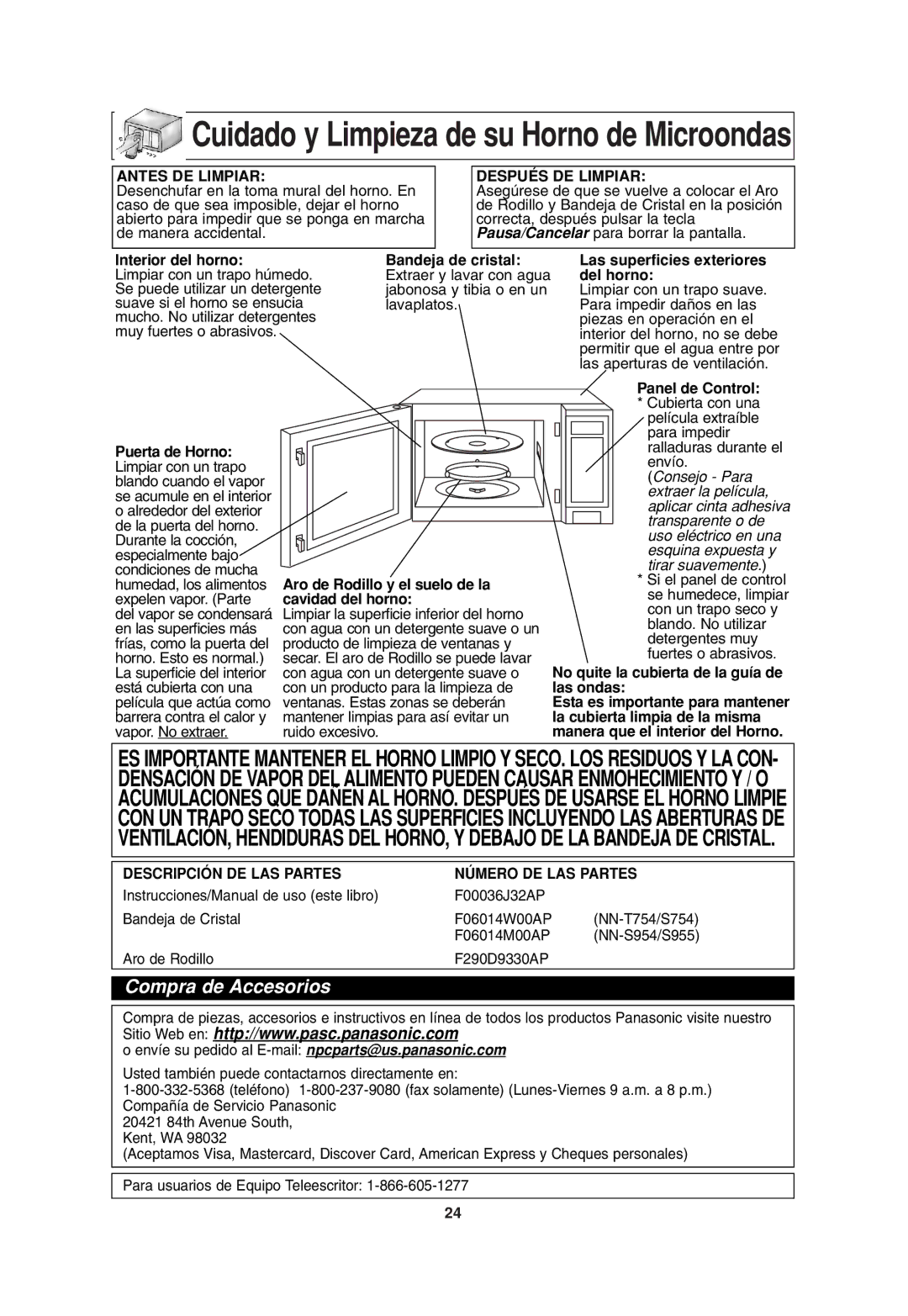 Panasonic NN-S954, NN-T754, NN-S955 Interior del horno Bandeja de cristal, Puerta de Horno, Aro de Rodillo y el suelo de la 