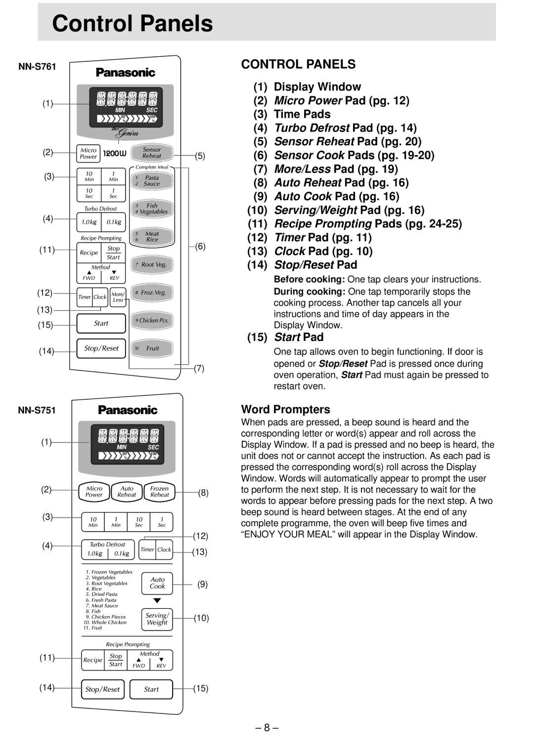 Panasonic NN-S761, NN-T791, NN-S781 manual Start Pad, NN-S751, Restart oven 