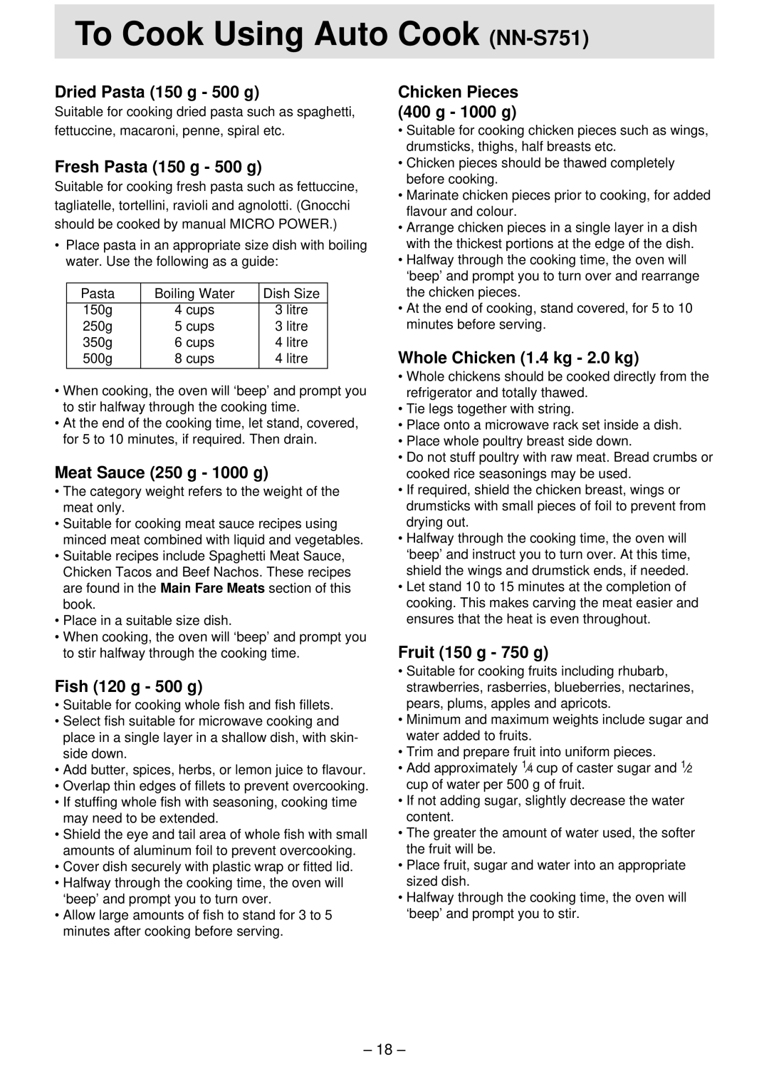 Panasonic NN-S781, NN-T791 Dried Pasta 150 g 500 g, Fresh Pasta 150 g 500 g, Meat Sauce 250 g 1000 g, Fish 120 g 500 g 