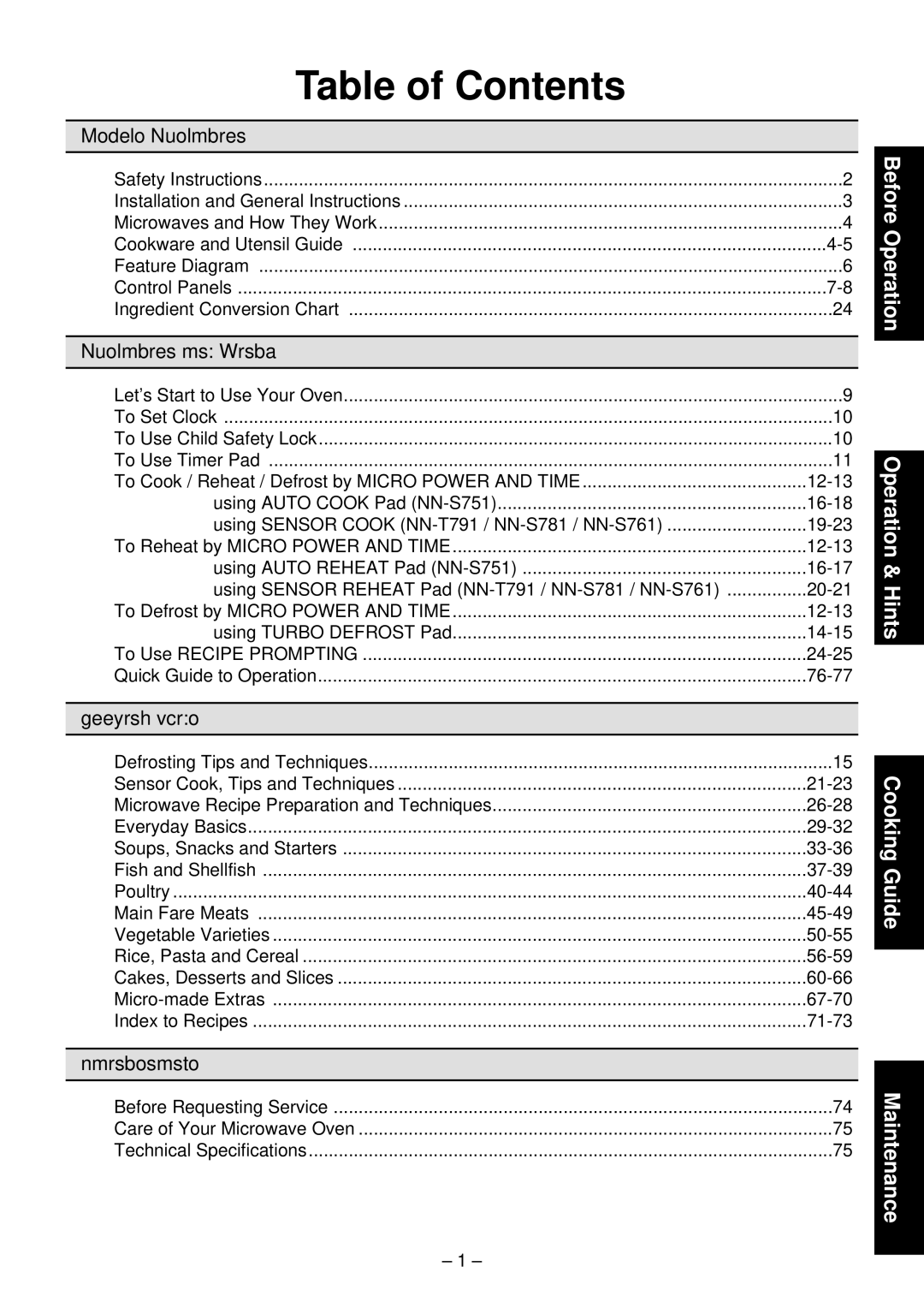 Panasonic NN-T791, NN-S761, NN-S781 manual Table of Contents 