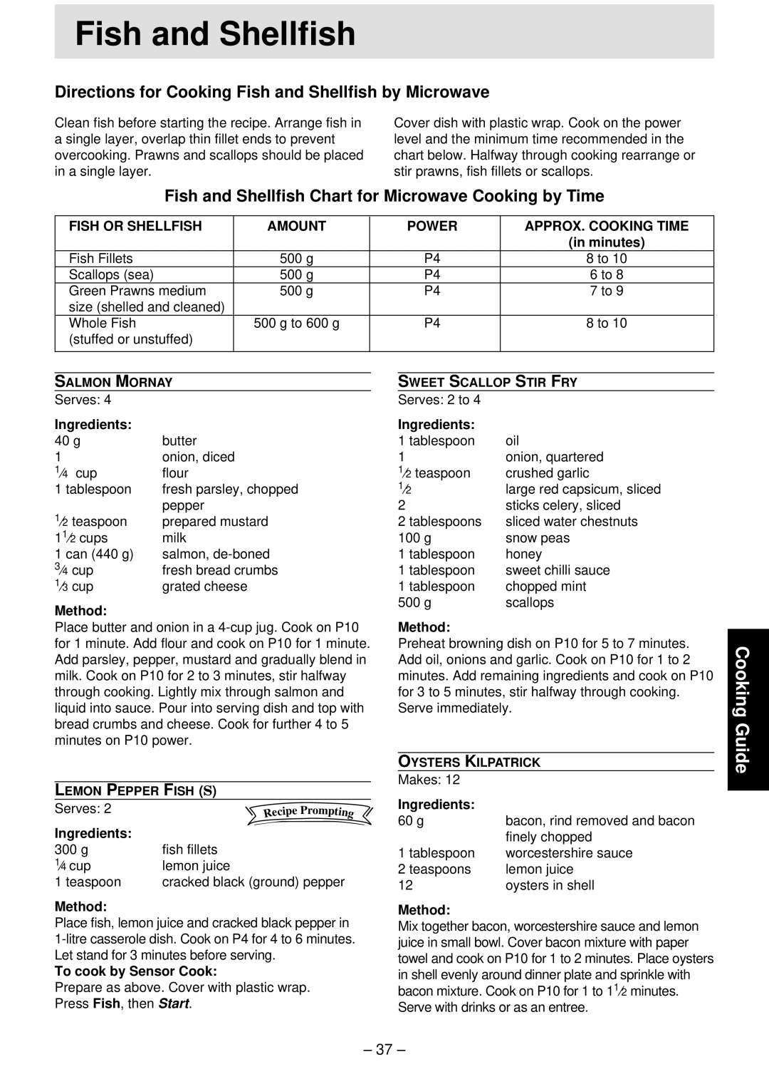 Panasonic NN-T791, NN-S761, NN-S781 manual Directions for Cooking Fish and Shellfish by Microwave 