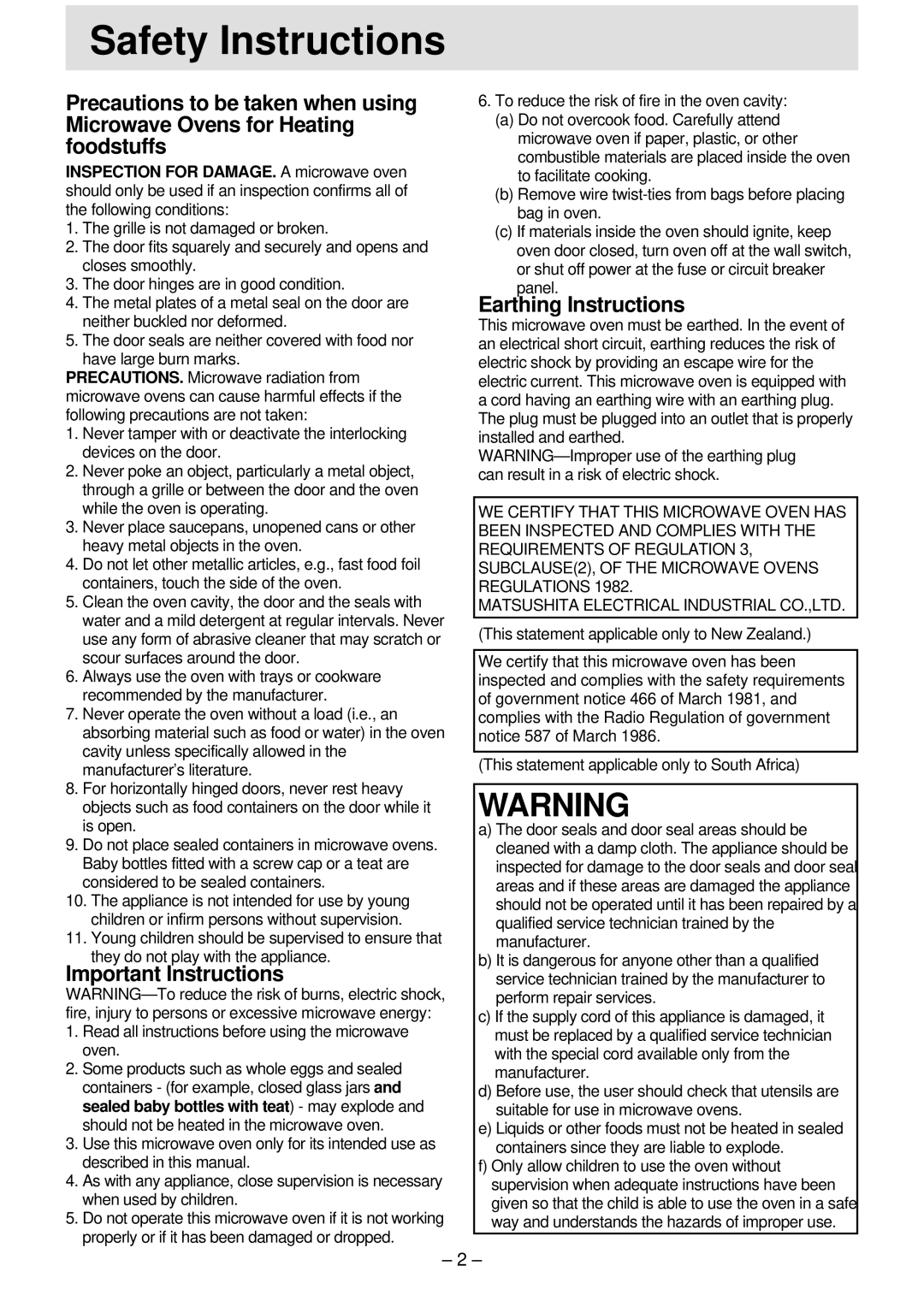 Panasonic NN-S761, NN-T791, NN-S781 manual Safety Instructions, Important Instructions, Earthing Instructions 