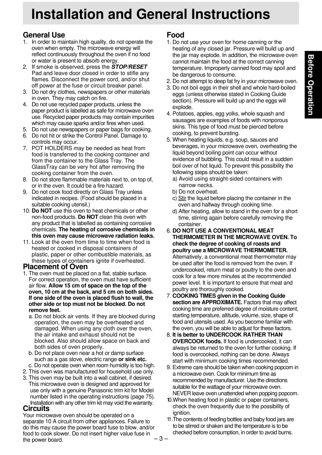 Panasonic NN-S781, NN-T791, NN-S761 Installation and General Instructions, General Use, Placement of Oven, Circuits, Food 