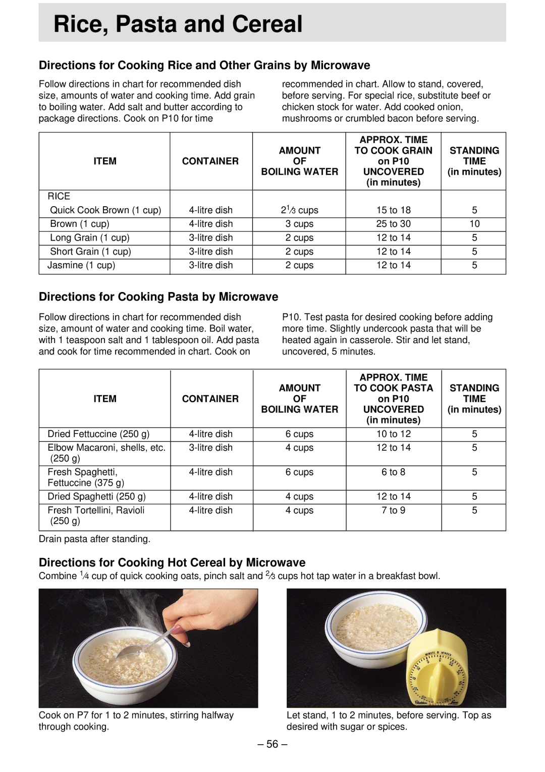 Panasonic NN-S761 manual Rice, Pasta and Cereal, Directions for Cooking Pasta by Microwave, APPROX. Time Amount, Standing 