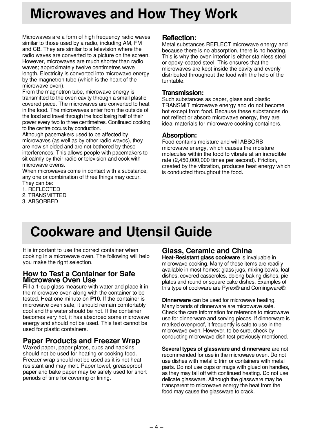 Panasonic NN-T791 manual Reflection, How to Test a Container for Safe Microwave Oven Use, Paper Products and Freezer Wrap 