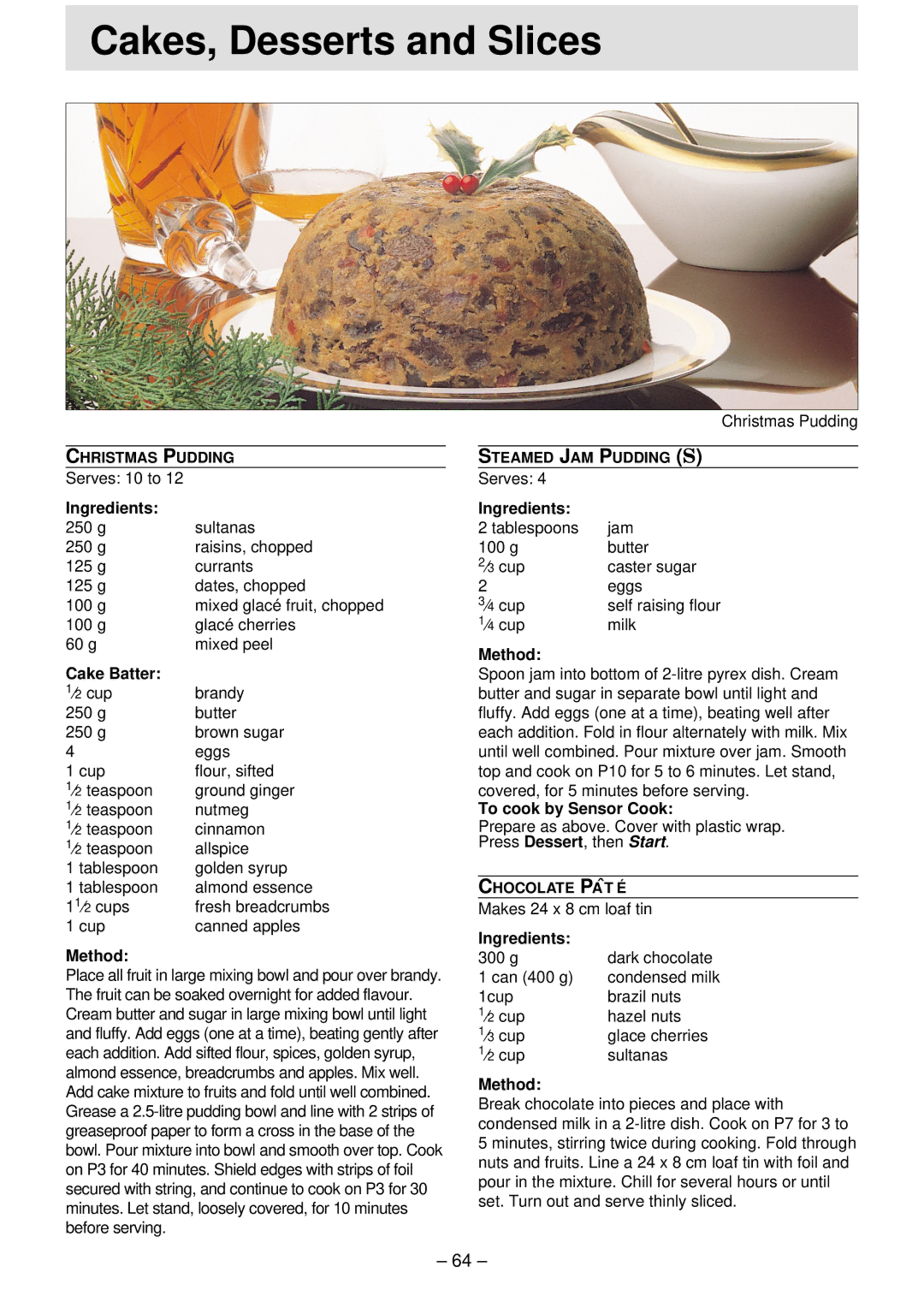 Panasonic NN-T791, NN-S761 ⁄2 cup Brandy 250 Butter Brown sugar Eggs, Flour, sifted, Canned apples, Christmas Pudding, Jam 