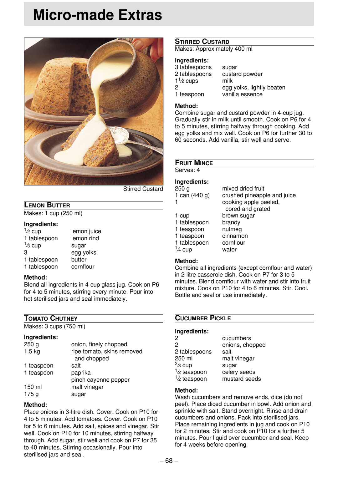 Panasonic NN-S761 Stirred Custard, Makes 1 cup 250 ml, ⁄ 2 cup Lemon juice, Lemon rind, ⁄ 3 cup Sugar Egg yolks, Cucumbers 