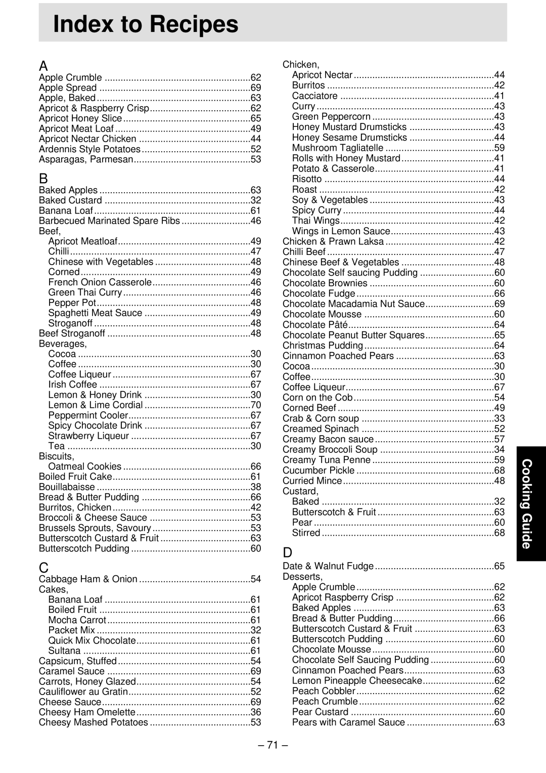 Panasonic NN-S761, NN-T791, NN-S781 manual Beef, Beverages, Biscuits, Cakes, Chicken, Custard, Desserts 